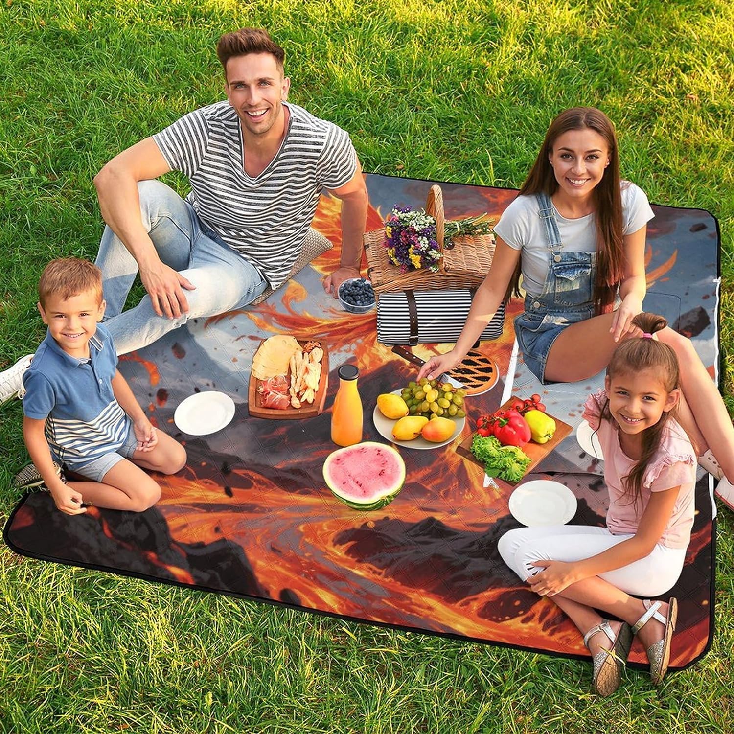 Fire Phoenix Picnic Blanket 150x150cm, Foldable 2-in-1 Picnic Mat and Tote Bag Portable Waterproof Beach Mat Sandproof Outdoor Blanket for Park, Hiking, Beach, Camping, Travel