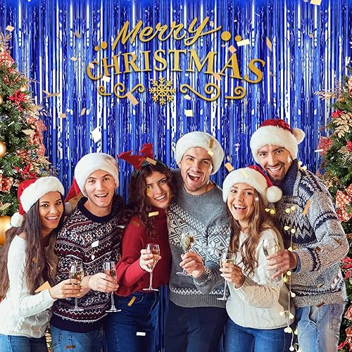 Miniatura 6 de Decoraciones de fiesta de cumpleaños Paquete de 3 cortinas de flecos de papel de aluminio azul de 3.3 x 9.9 pies, suministros de fiesta, telón de