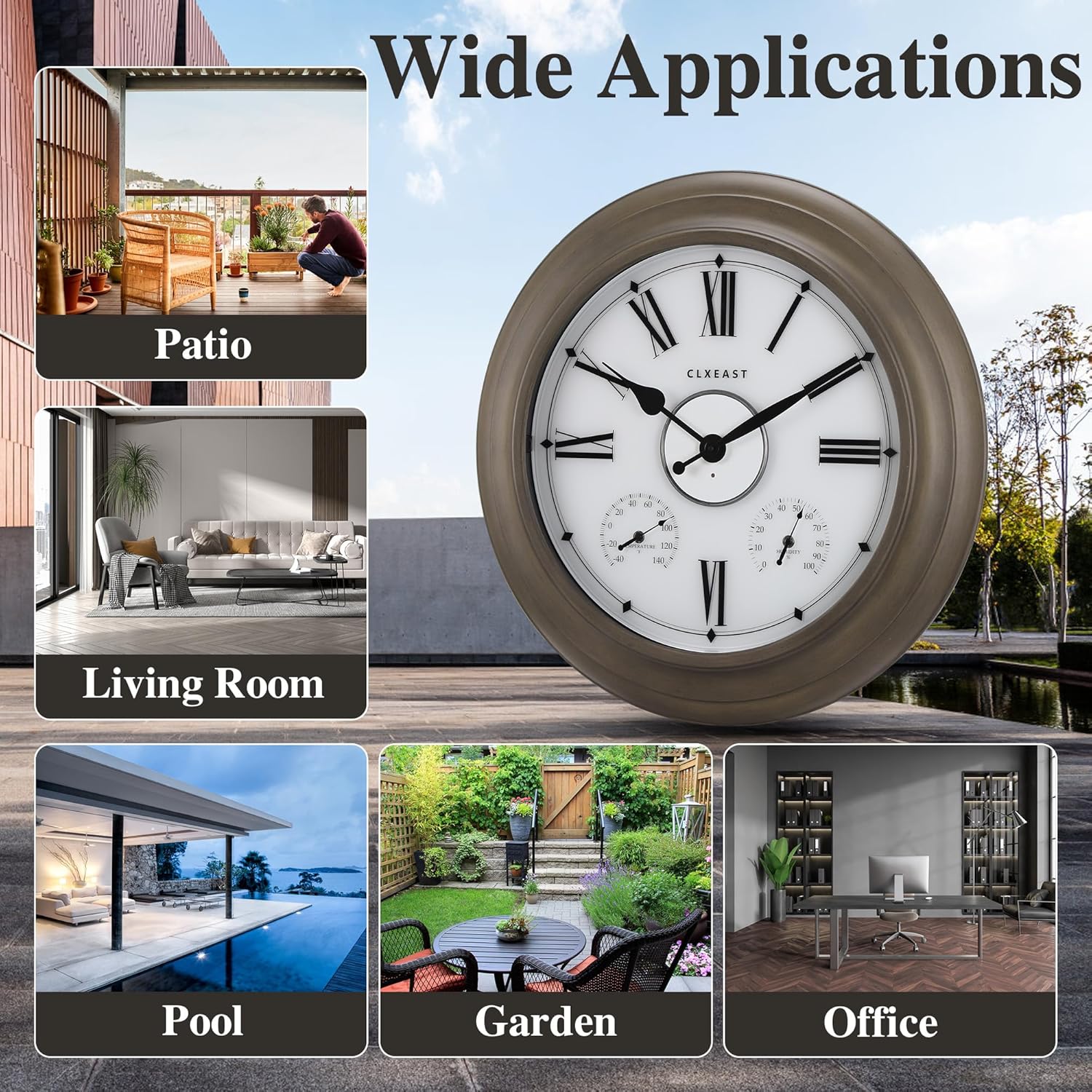 CLXEAST Illuminated Outdoor Clocks Waterproof 24 Inch with Smart Sensor, Large Metal Wall Clocks with Temperature and Humidity for Living Room Decor,Garden Patio,Grey Oak Finish