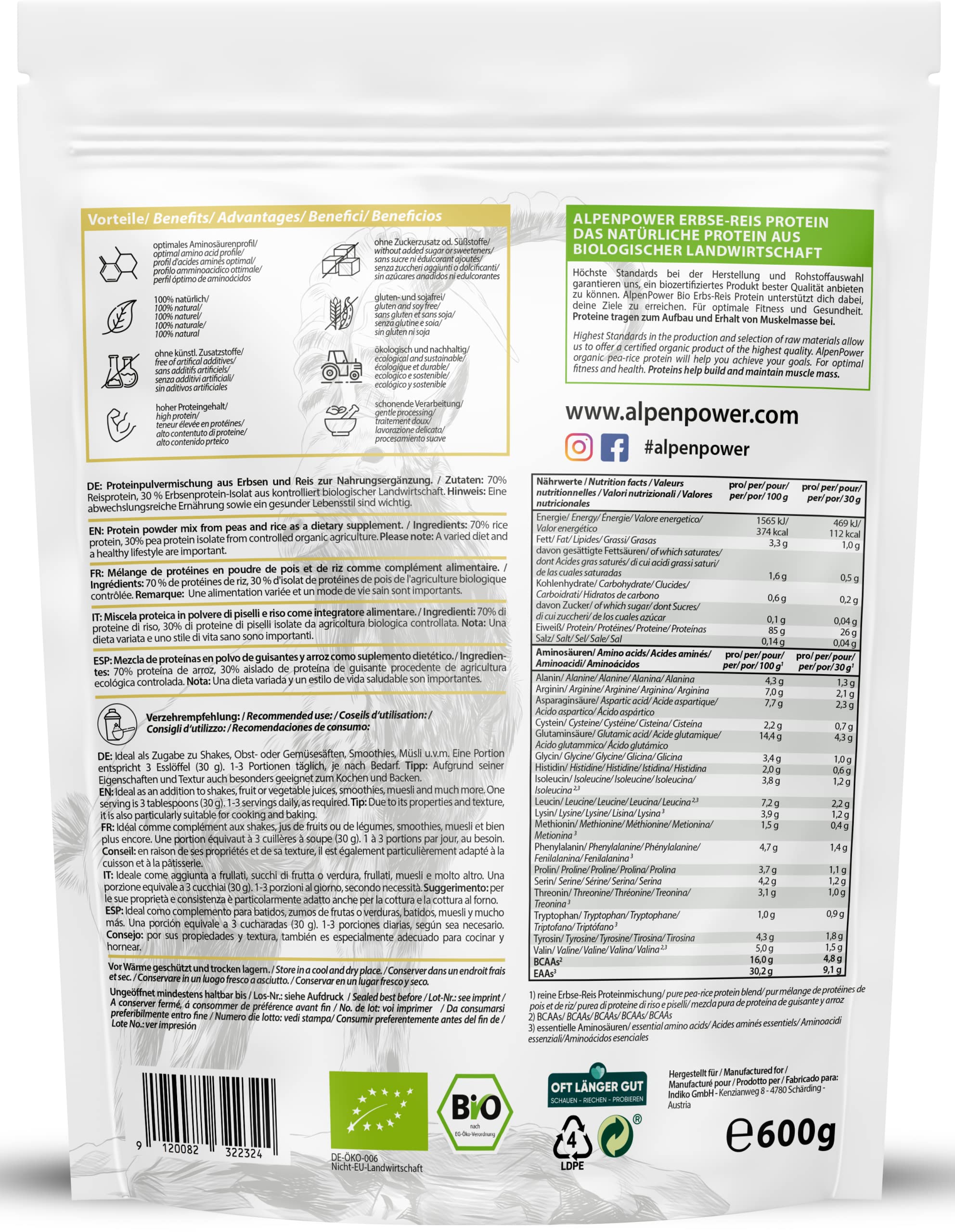 AlpenPower BIo Vegan Protein 2K Erbse-Reis Natur 600 g I 100% natürlich & ohne Zusatzstoffe I Optimales Verhältnis Erbsen-Reisprotein I Veganes Proteinpulver für Fitness