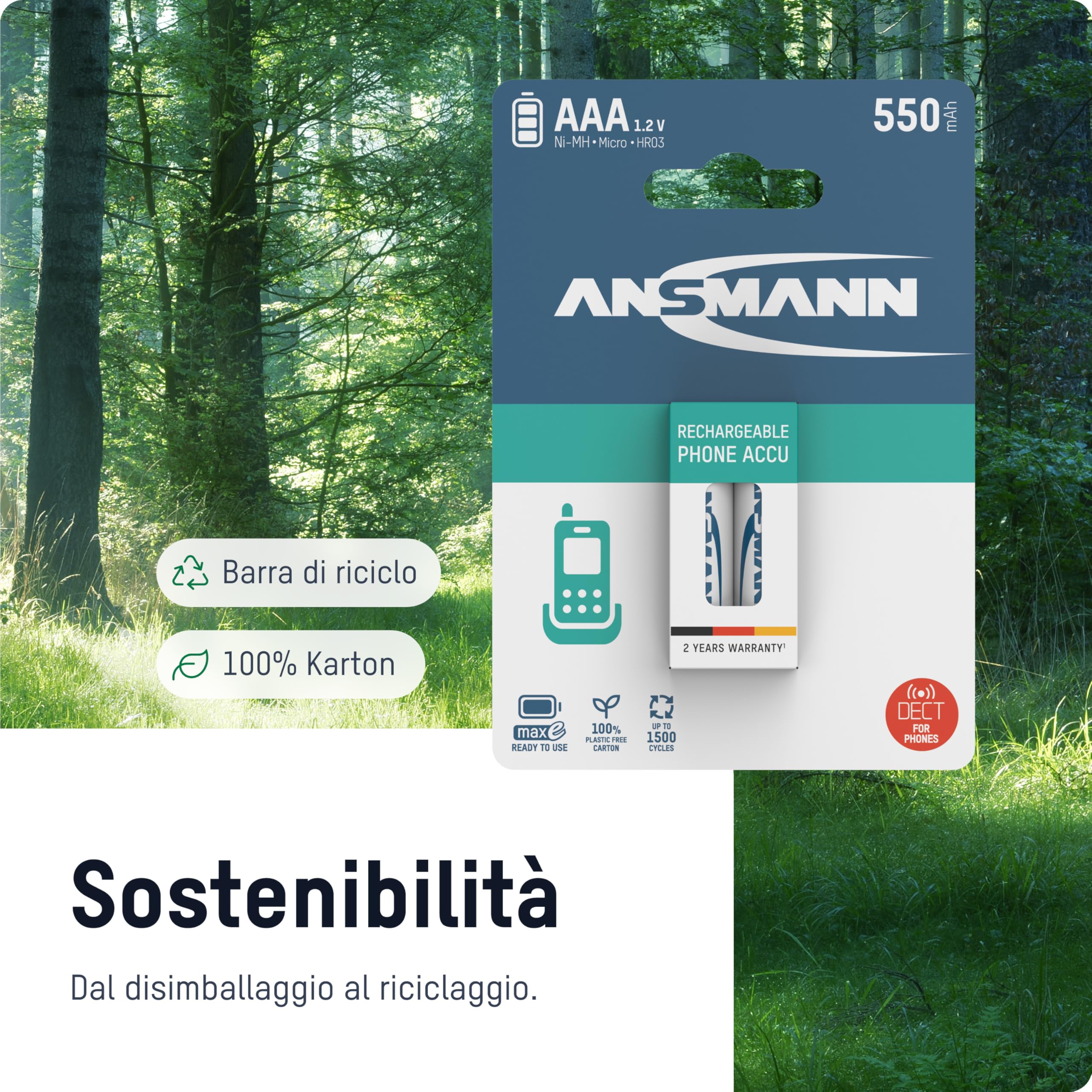 ANSMANN 2x Telefono Phone Batterie ricaricabili mini stilo AAA - 800 mAh 1,2 V NiMH - Pila a ricarica veloce - telefoni cordless