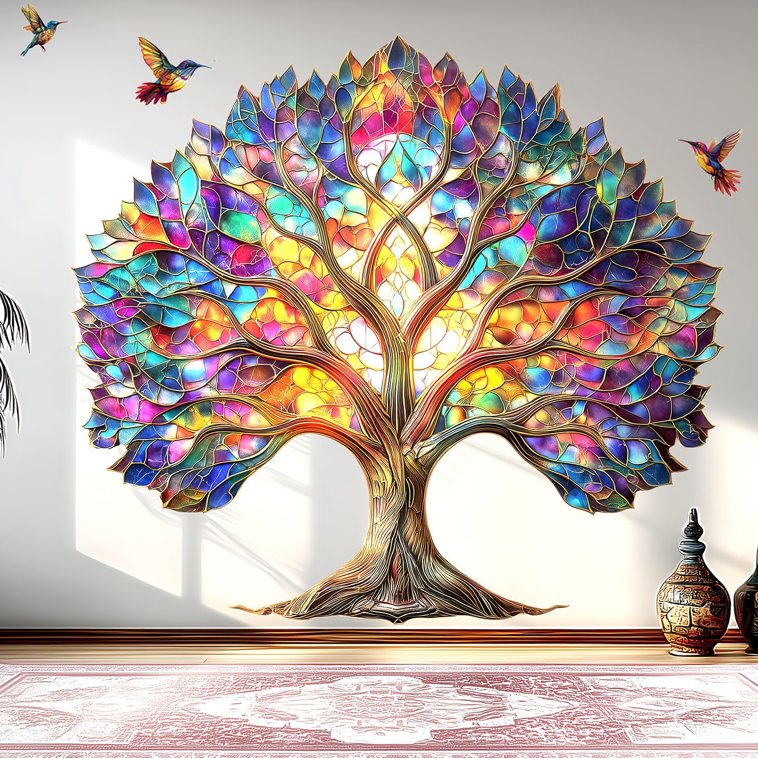 Vibrant Tree of Life Wall Decals Peel and Stick,Stained Glass Leaves Wall Stickers & Murals, Removable Hummingbirds Home Decor Art for Bedroom Living Room Classroom Office