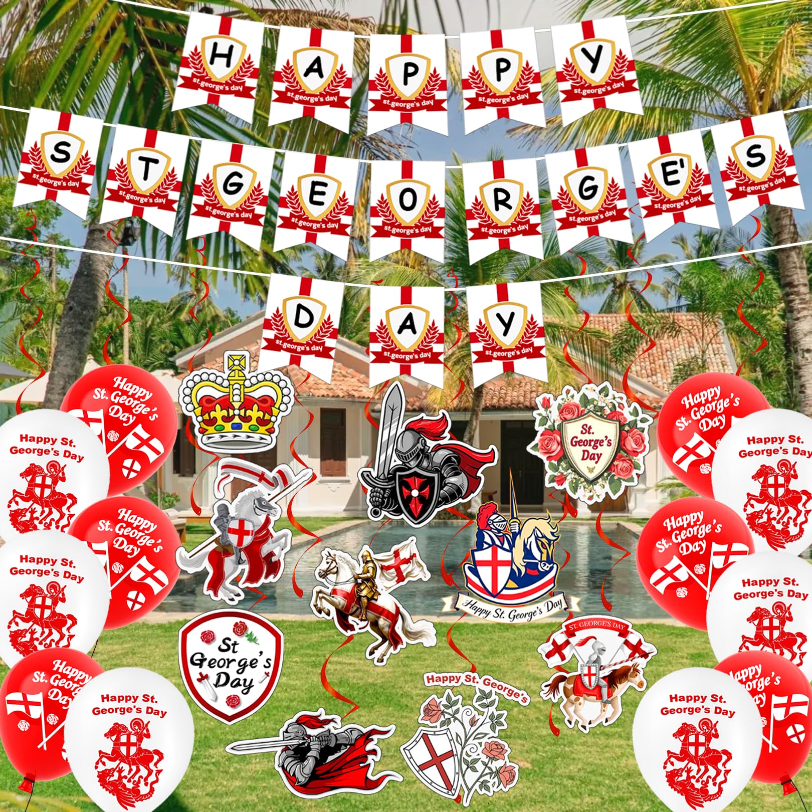 St Georges Day Decorations - Happy St. George's Day Banner, Swirls, Balloons for England National Backdrop Decorations — view 6
