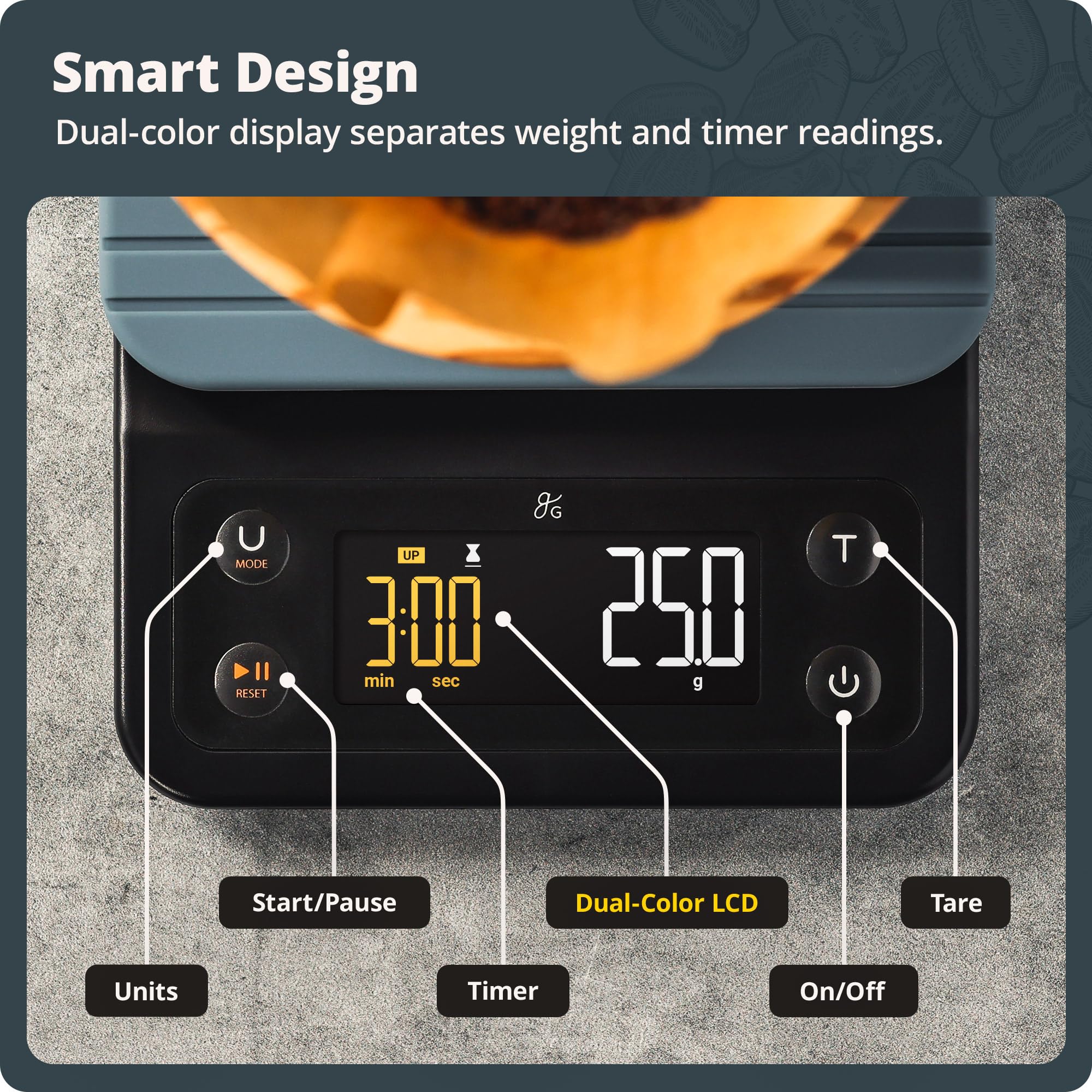 Greater Goods Báscula de café de precisión de 0,1 g con temporizador, báscula digital de 3 kg para verter, espresso, prensa francesa, uso en cocina (azul piedra)