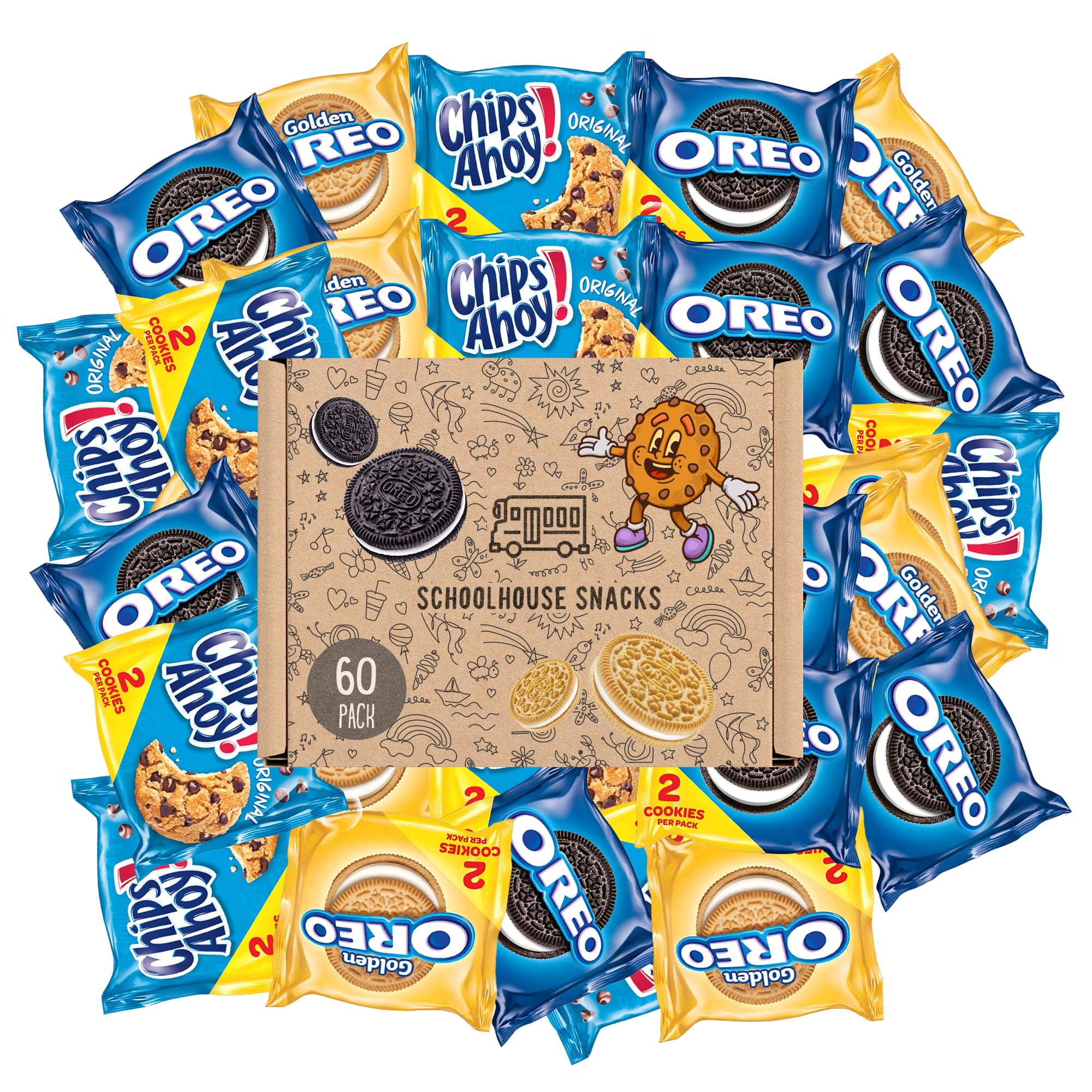 Nabisco Cookie Variety Pack OREOS, OREO Golden & CHIPS AHOY!, 60 Snack Packs (2 Cookies Per Pack) bundled by Schoolhouse Snacks