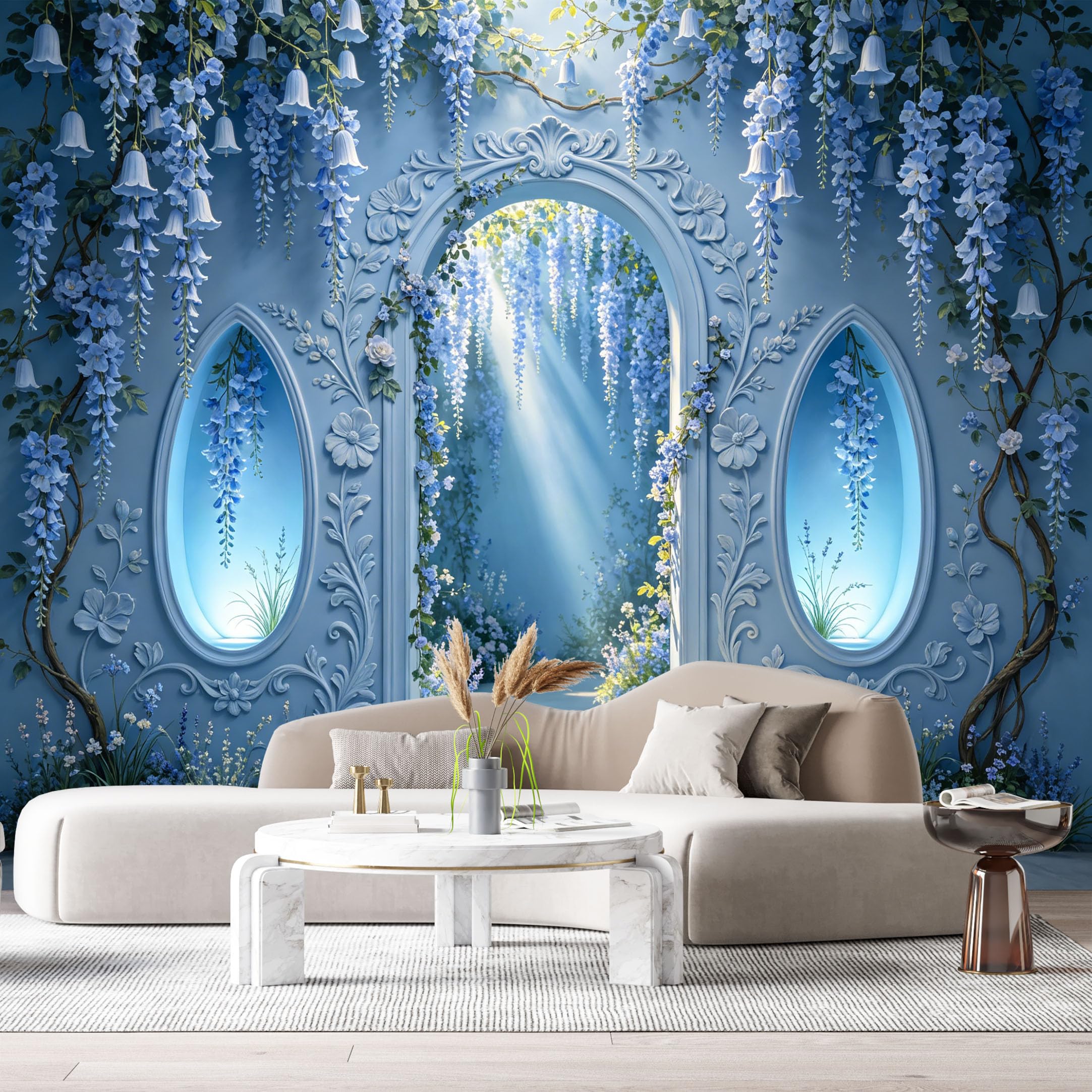 Custom Size Wall Murals Dreamlike Ethereal Stone Archway Wisteria Floral 3D Trompe L'Oeil SelfAdhesiveWall Fabric Removable Wallpaper Wall Decor for Living Room Bedroom Bathroom