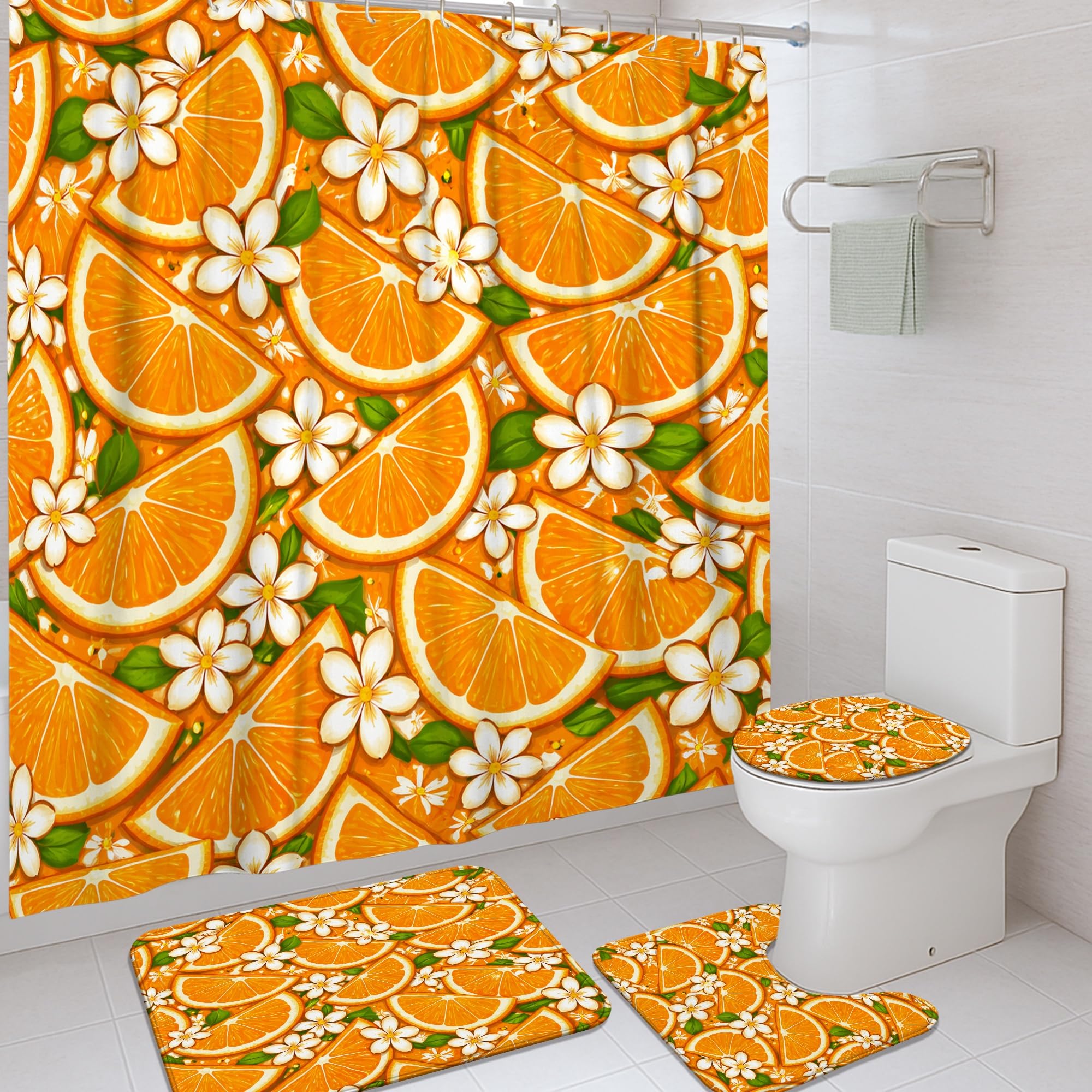 Rideau de douche 183x183 orange et tapis de bain en polyester pour décoration maison et hôtel