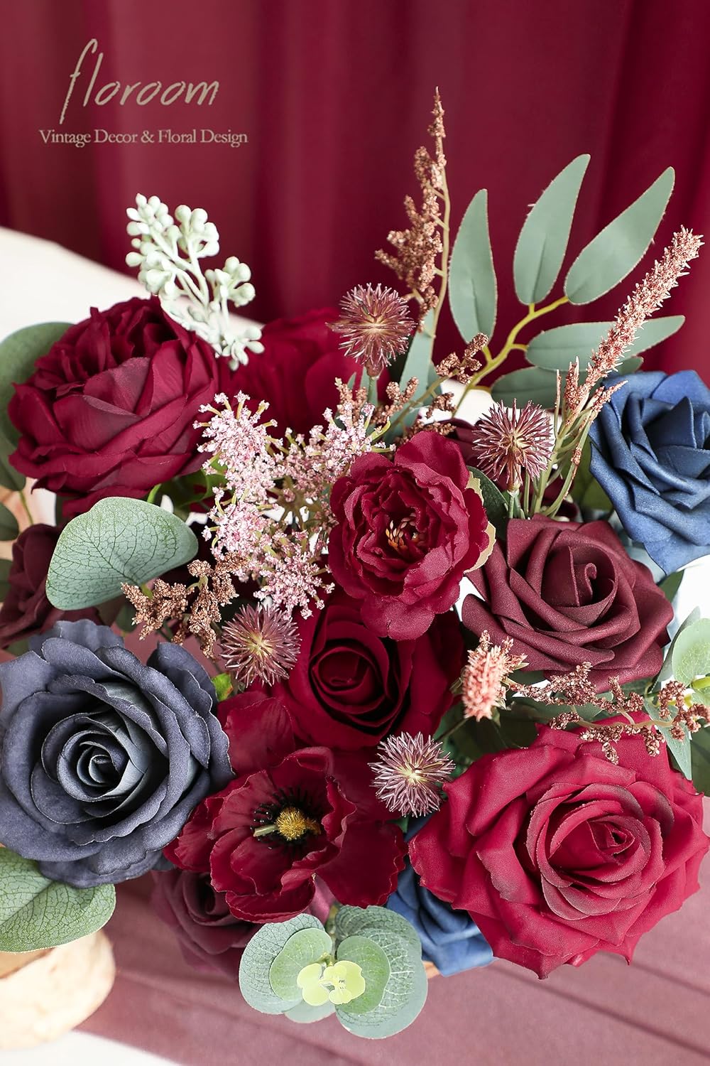 Floroom Burgundy Navy Blue Artificial Flowers Marsala Fake Roses Peonies Greenery Combo Box Set for DIY Dark Red Wedding Bouquets Bridal Shower Centerpieces Floral Arrangements Party Tables Decoration - Image 5
