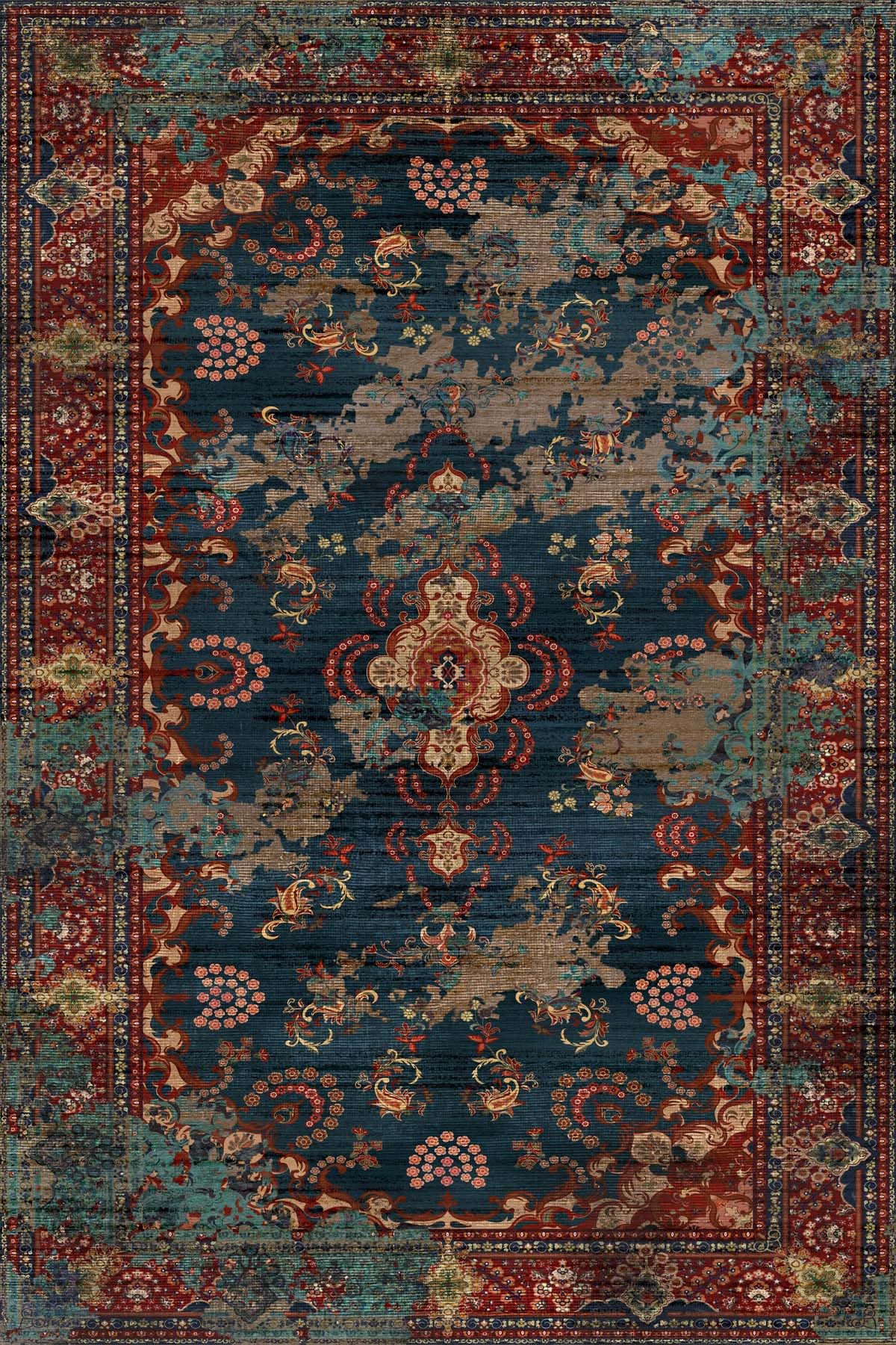 Kinevart Vintage Desenli Şönil Pamuk Tabanlı Yıkanabilir Kaymaz Antibakteriyel Salon Halısı 120x180