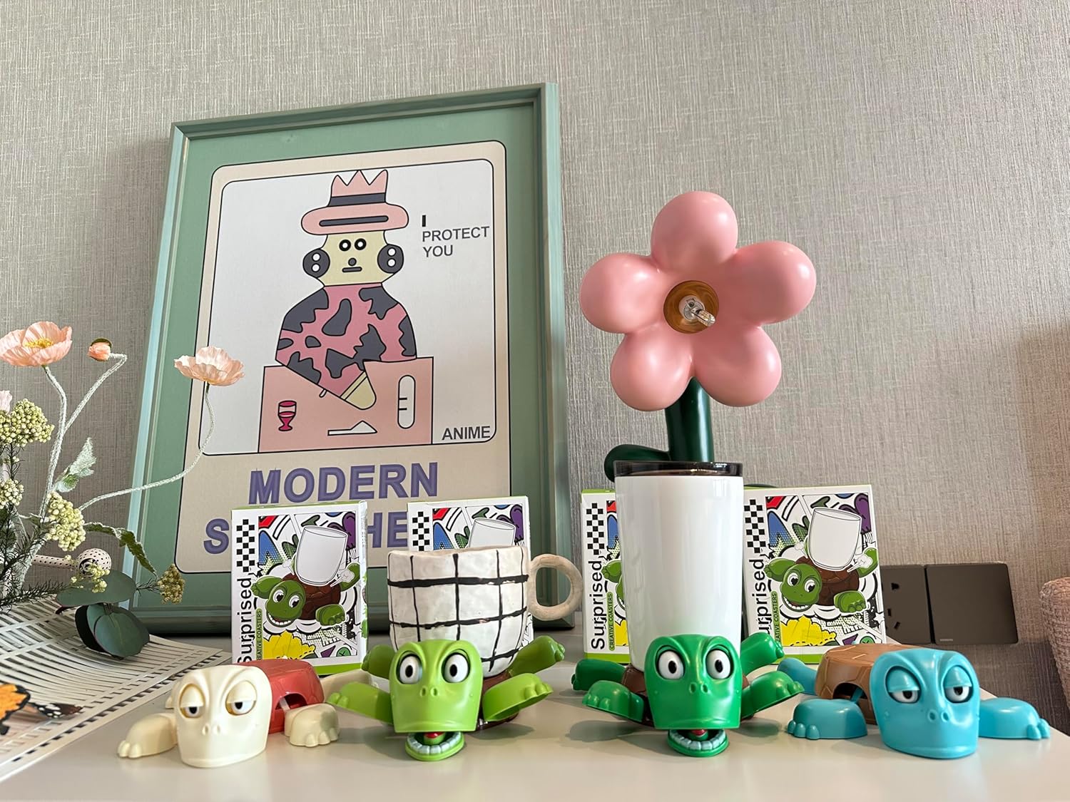 JOD® Turtle Cup Holder,Turtle Coaster with Funny Expression, 4 PCs Cup Holder with Liftable Limbs & Expressive Face for Turtles,Tortoise Lover Gag Gifts Home Decor(4pc-Light Green Green Blue Pink)