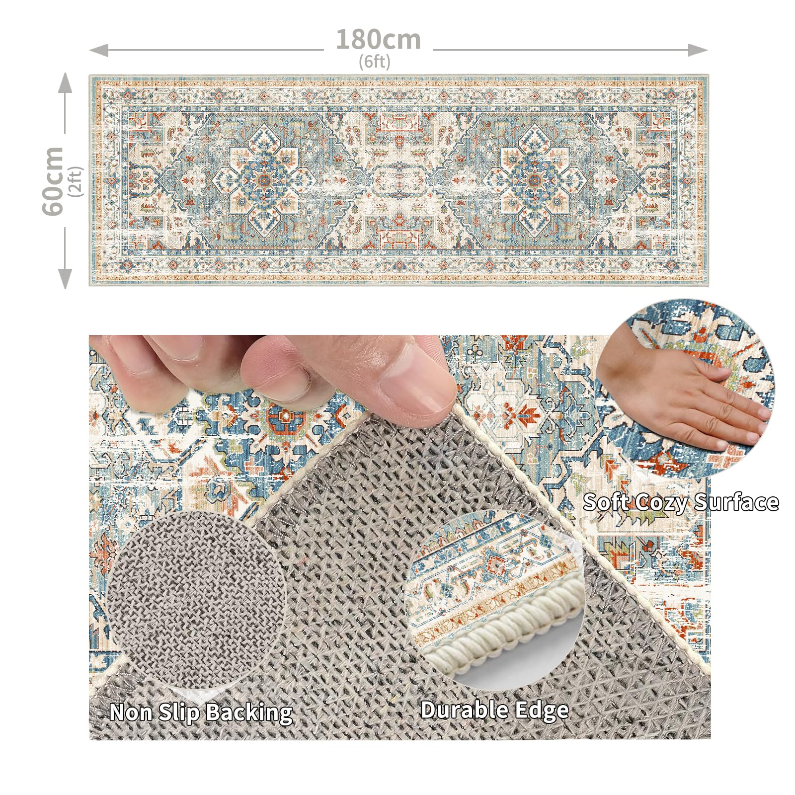 Cycleader 60x180cm Non-Slip Washable Runner Rug for Hallway, Vintage Boho Faux Cashmere Carpet Anti-Fatigue Kitchen Rugs Indoor Soft Long Floor Mat Low Pile Runners with Anti-Slip Backing for Bedroom - Image 2