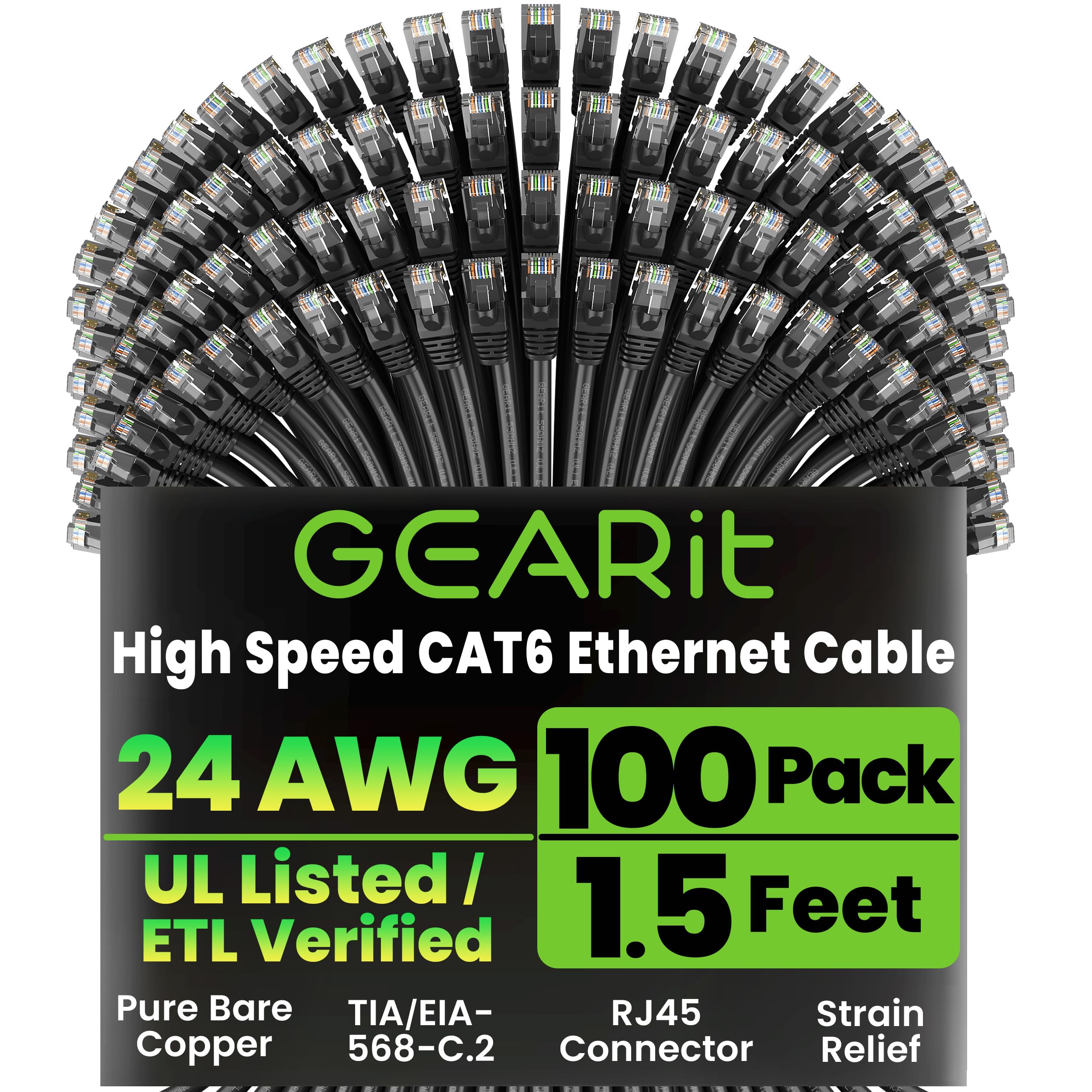 GearIT 100-Pack, Cat 6 Ethernet Cable Cat6 Snagless Patch 1.5 Feet - Snagless RJ45 Computer LAN Network Cord, Black - Compatible with 48 Port Switch POE Rackmount 48port Gigabit