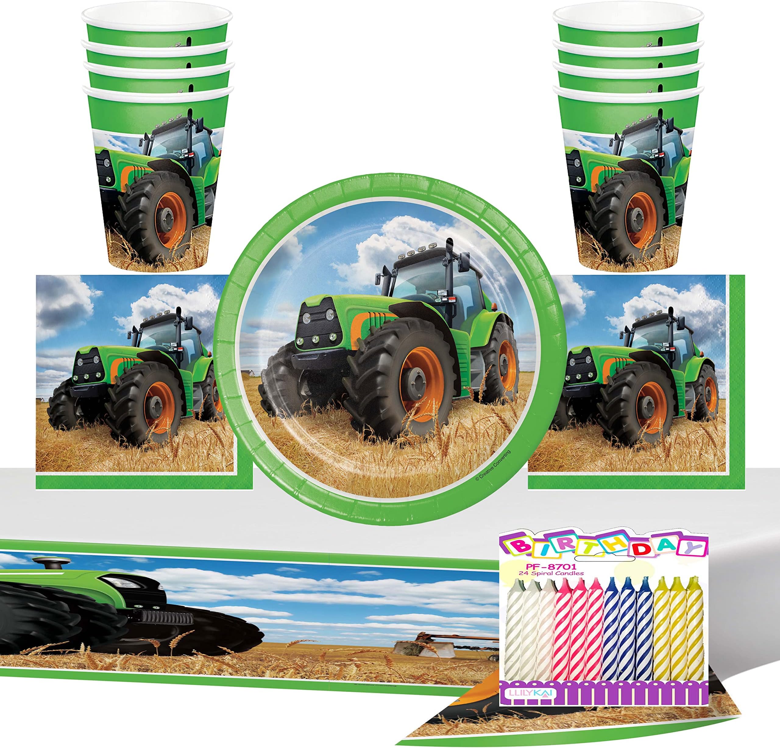 Tractor Party Supplies Pack Serves 16 Tractor Birthday Party Supplies: Farm Tractor Time Dessert Plates Beverage Napkins Cups and Table Cover with Birthday Candles (Bundle for 16)