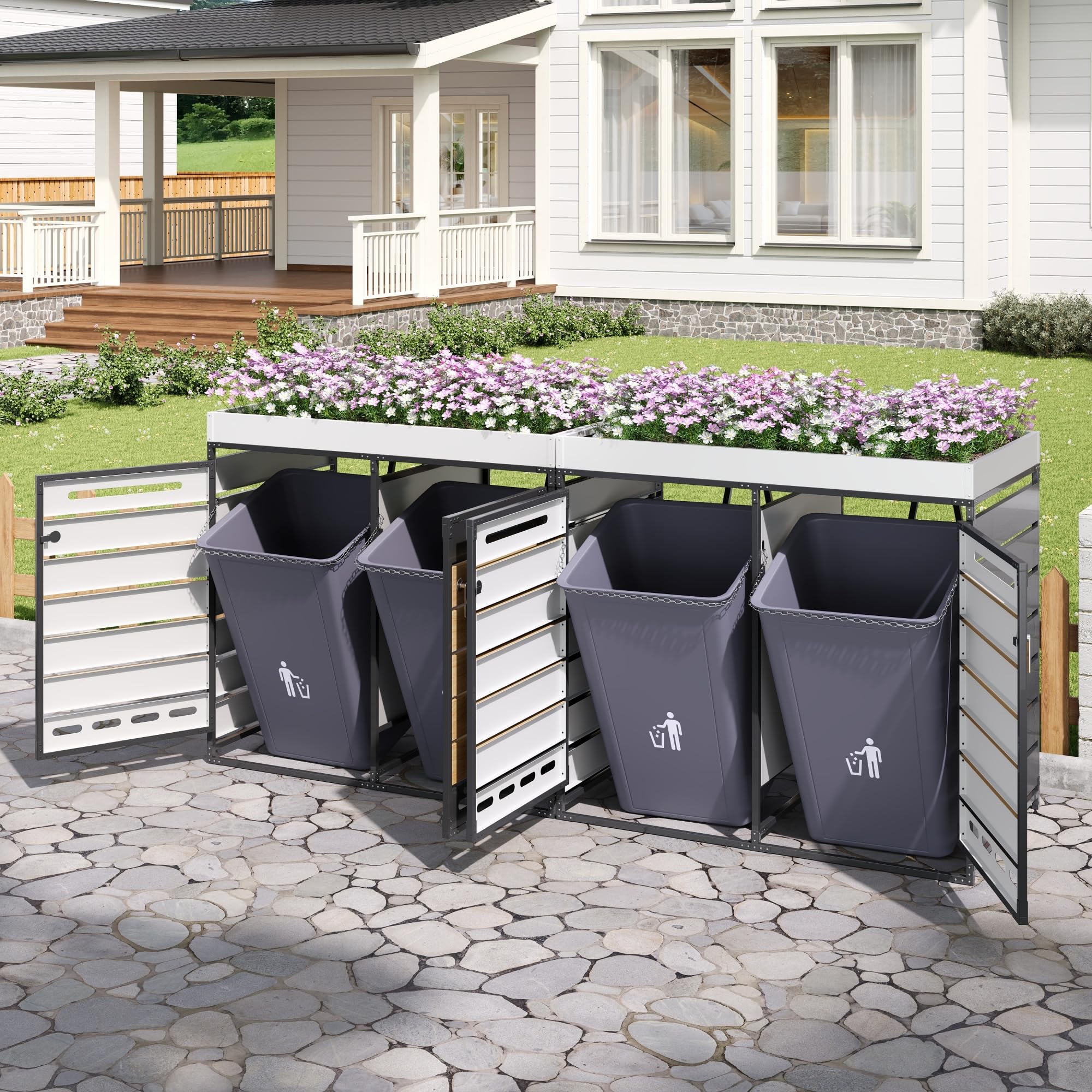 Contenedor de basura con jardinera, armario de almacenamiento de jardín de hierro con 4 compartimentos de almacenamiento, aspecto de madera horizontal, ventilación, cerradura