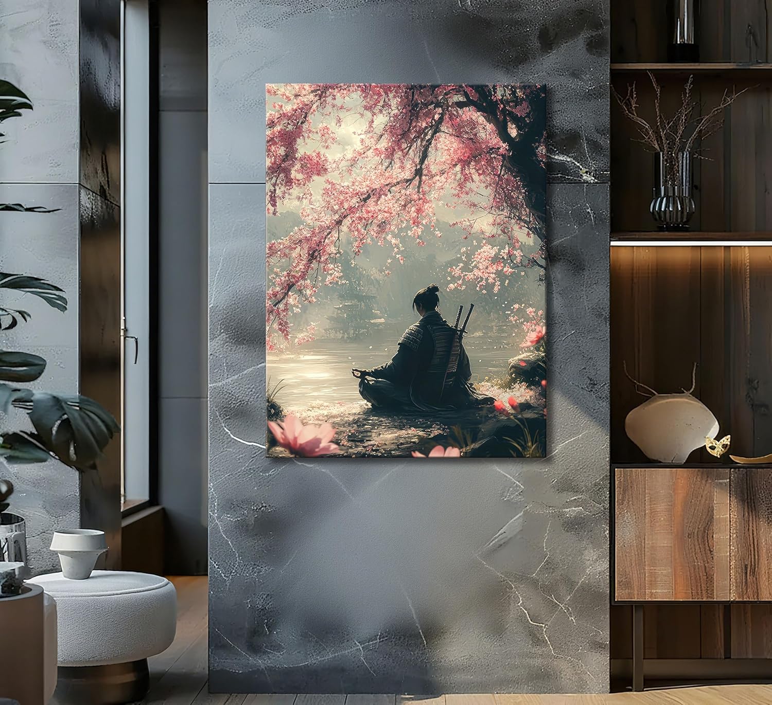 Japanese Sakura Samurai Canvas Wall Art Traditional Bushido Wall Decor Picture Asian Japanese style Cherry Blossoms Warrior Poster Print for Living Room Bedroom 16x24in Ready To Hang