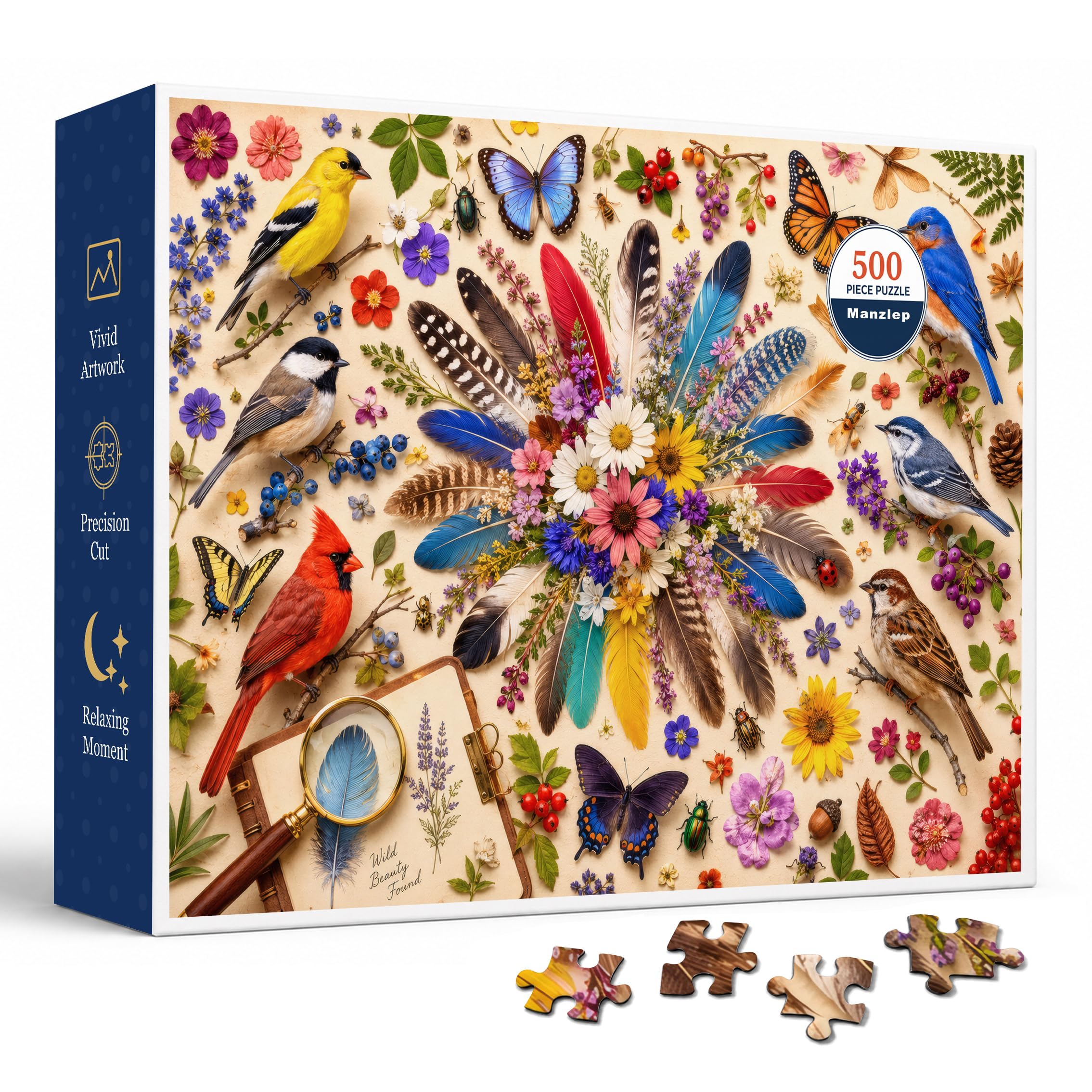 Nature Specimen Collage 500 Piece Jigsaw Puzzle for Adults & Teens, Colorful Bird and Botanical Flat-Lay Artwork
