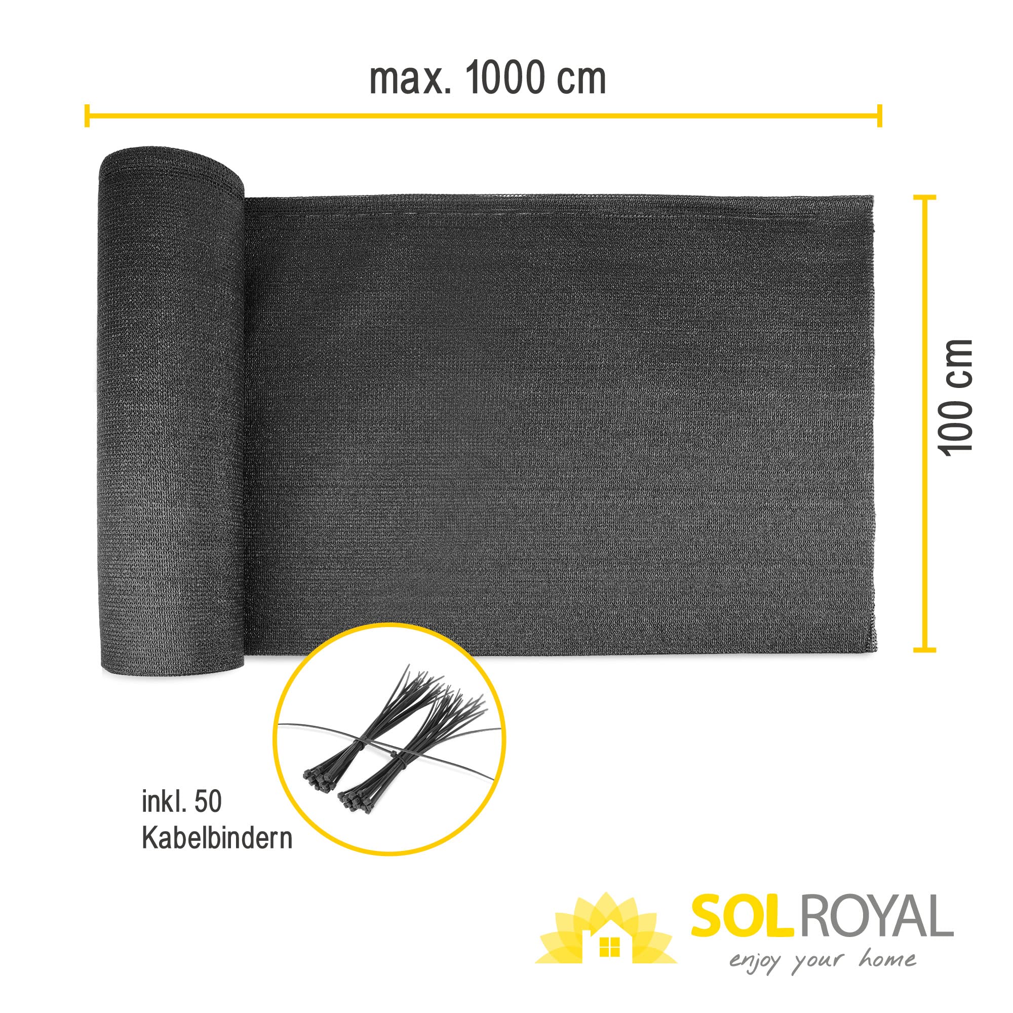 Sol Royal Schattennetz 10m x 1m Schattiergewebe 165g/m² – Blickdichter Sonnenschutz mit UV-Schutz & Kabelbinder für einfache Befestigung – HDPE Sichtschutz Garten Anthrazit für Gewächshaus & Zaun SG80