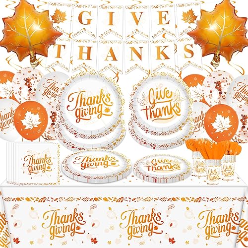 Juego de vajilla desechable de Acción de Gracias, 202 piezas, decoración de fiesta naranja, sirve 24 platos de papel, servilletas, vasos, globos de