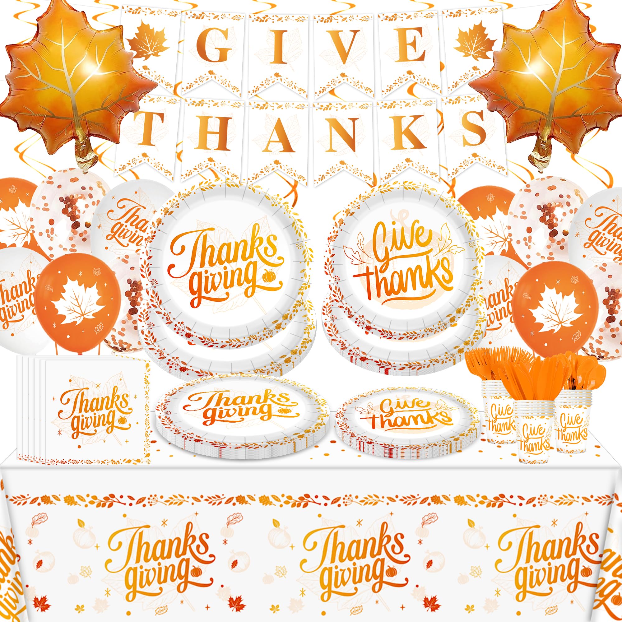 202Pcs Thanksgiving Disposable Tableware Set Orange Party Decorations Serve 24 Paper Plates Napkins Cups Maple Leaf Balloons Banners Plastic Tablecloths dinnerware for Fall Thanksgiving Party Supplies