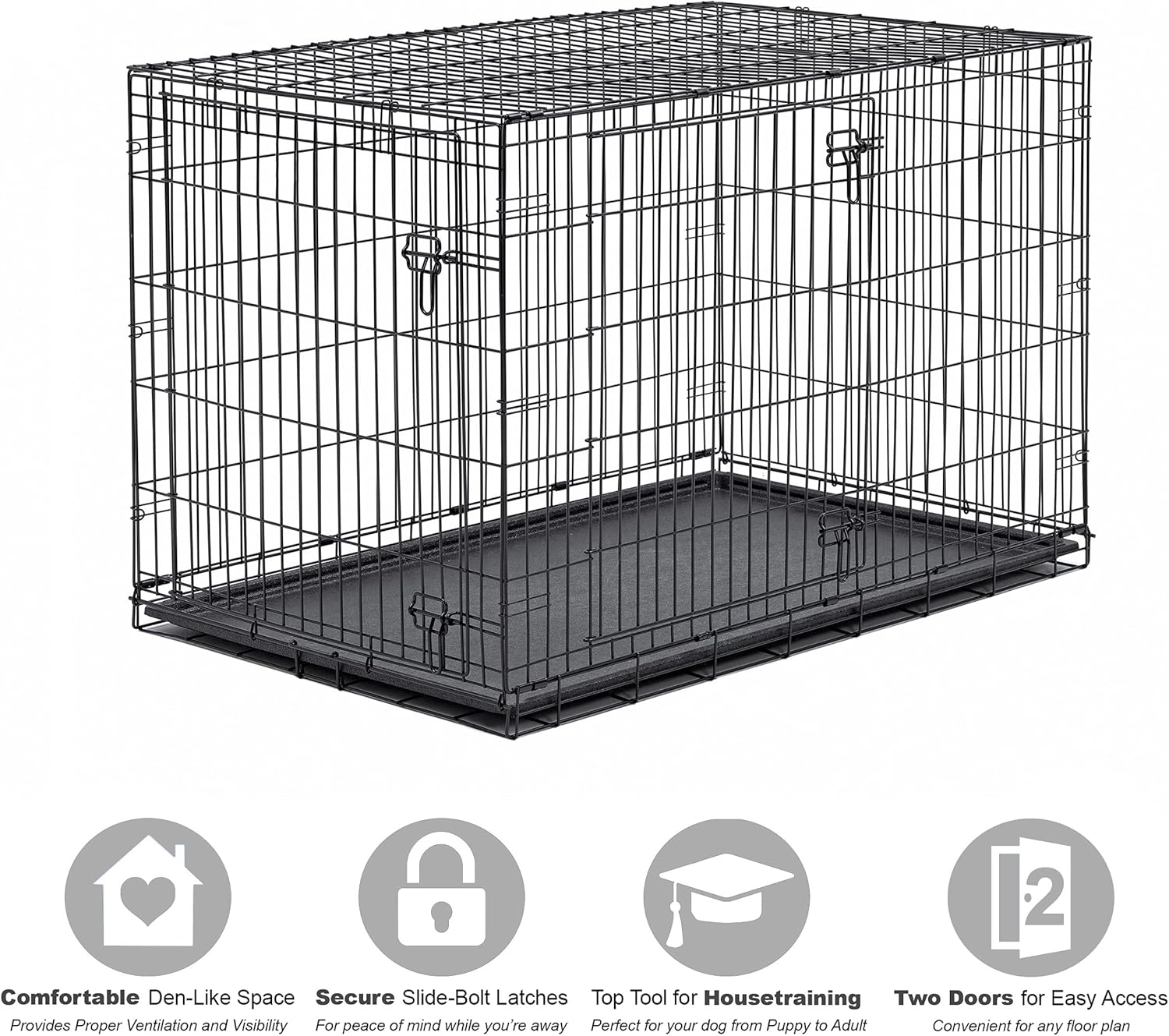 New World 42" Double Door Folding Metal Dog Crate, Includes Leak-Proof Plastic Tray; Dog Crate Measures 42L x 30W x 28H Inches, Fits Large Dog Breeds : Pet Supplies