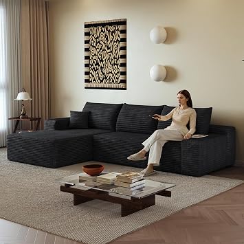 Sectional Sofa 270cm, Dangle 3 Seater Sofa for Living Room Bedroom with Chaise Longue and Deep Seat, Corduroy, Delivered Compressed, Compressed Corner Sofa Meridiana to la