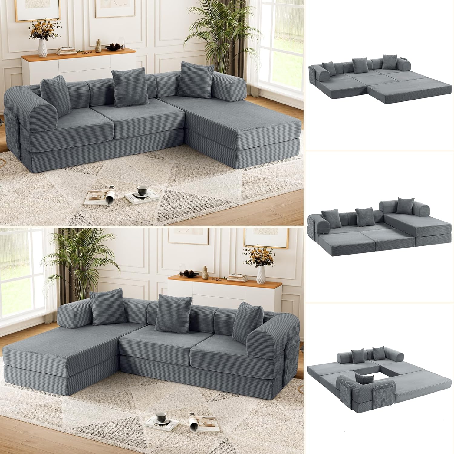 106" Modular Sectional Sofa Bed, L-Shaped Convertible Sleeper Sofa with Fixed-Shape Metal Frame, Oversized Corduroy Cloud Couch with Storage Pocket, No Assembly Couch for Living Room, Grey