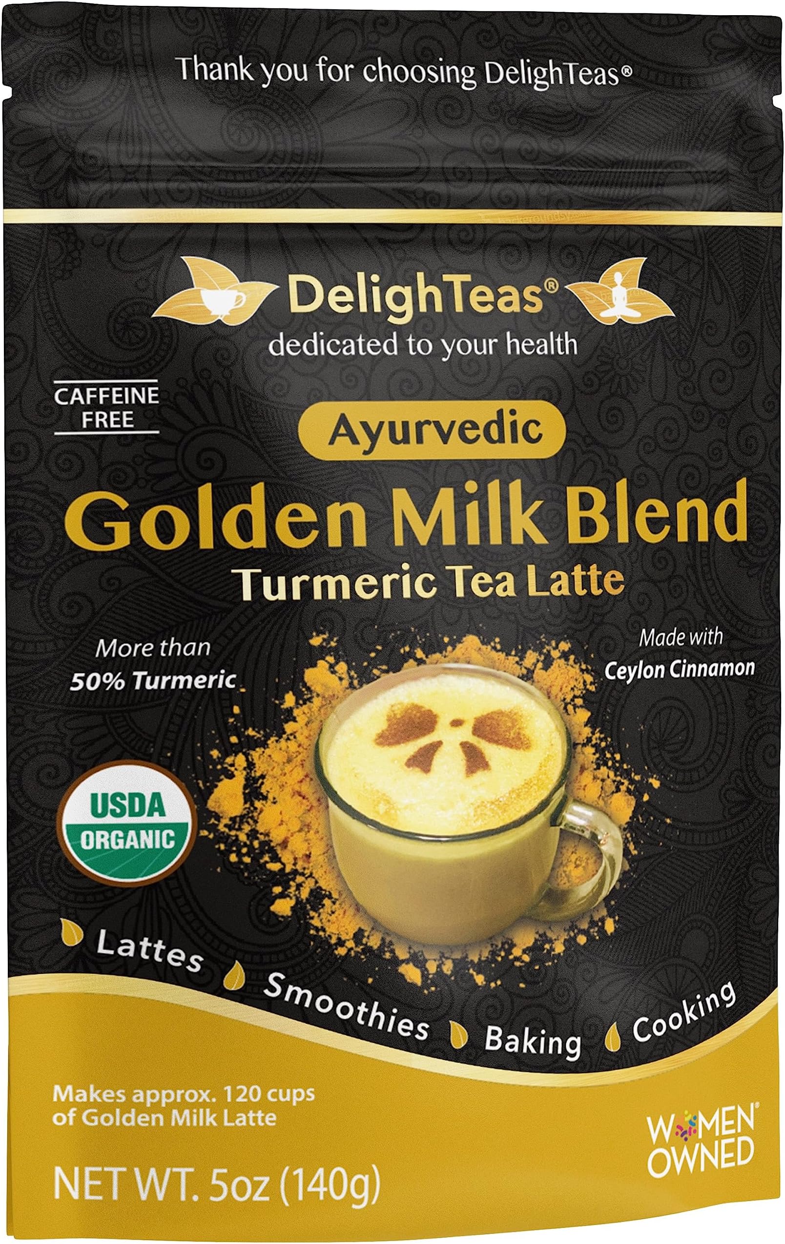 DelighTeas Organic Golden Milk Powder with Turmeric, Ginger, Ceylon Cinnamon | Ayurvedic Spices for Golden Turmeric Latte | Unsweetened, Vegan, Non-GMO, Keto | 120 Servings, 5 oz.
