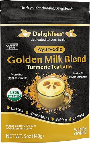 Miniatura 2 de DelighTeas Leche dorada orgánica en polvo con taza de té inspiradora, especias ayurvédicas para café con leche de cúrcuma dorada, batido, cocina,