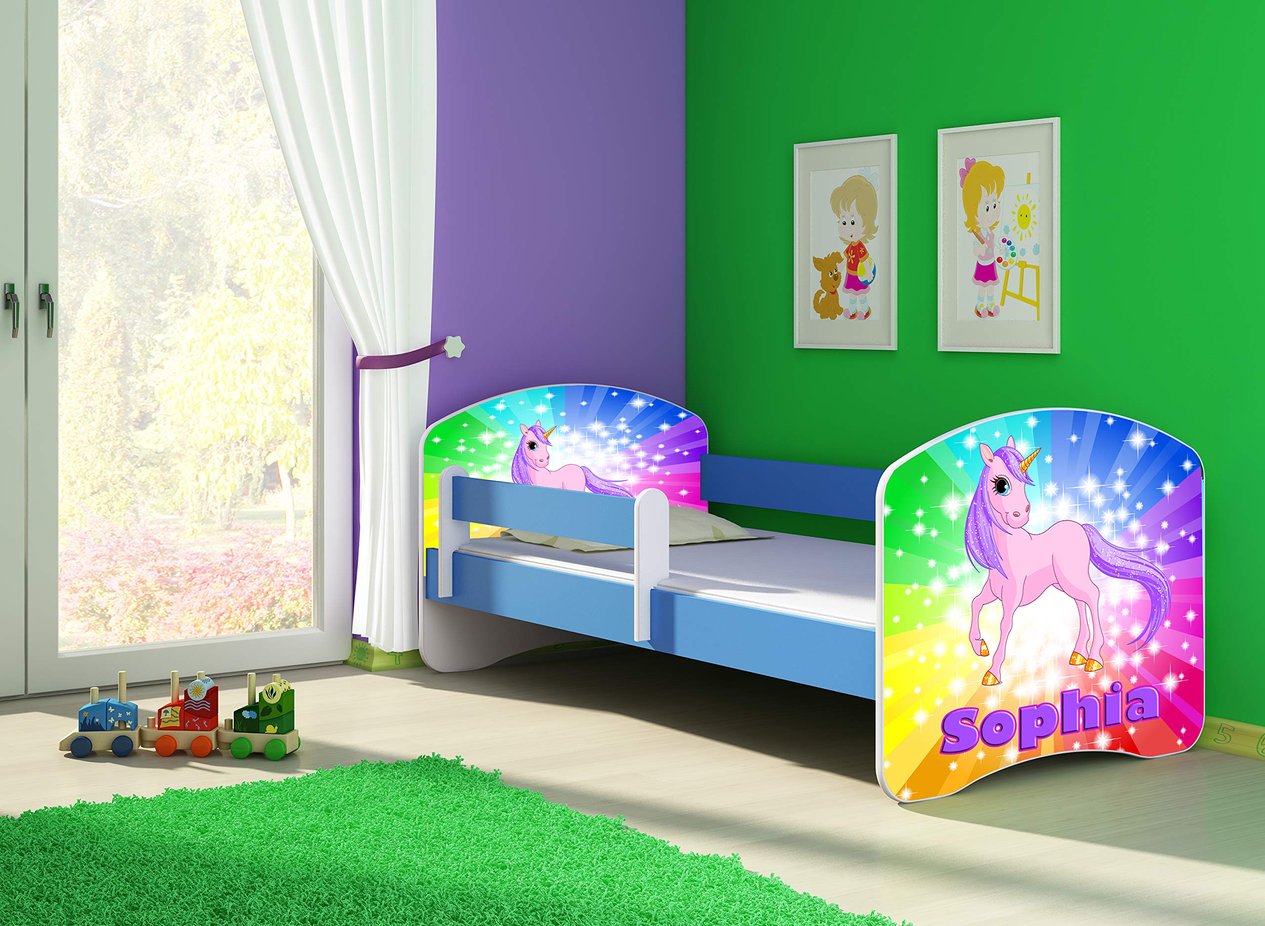 ACMA Kinderbett 160x80 cm Blau mit Matratze & Lattenrost – Jugendbett mit Rausfallschutz, personalisiertes Motiv 18 Pony Regenbogen, stabiles Kinderbett für Kinderzimmer, belastbar bis 120 kg