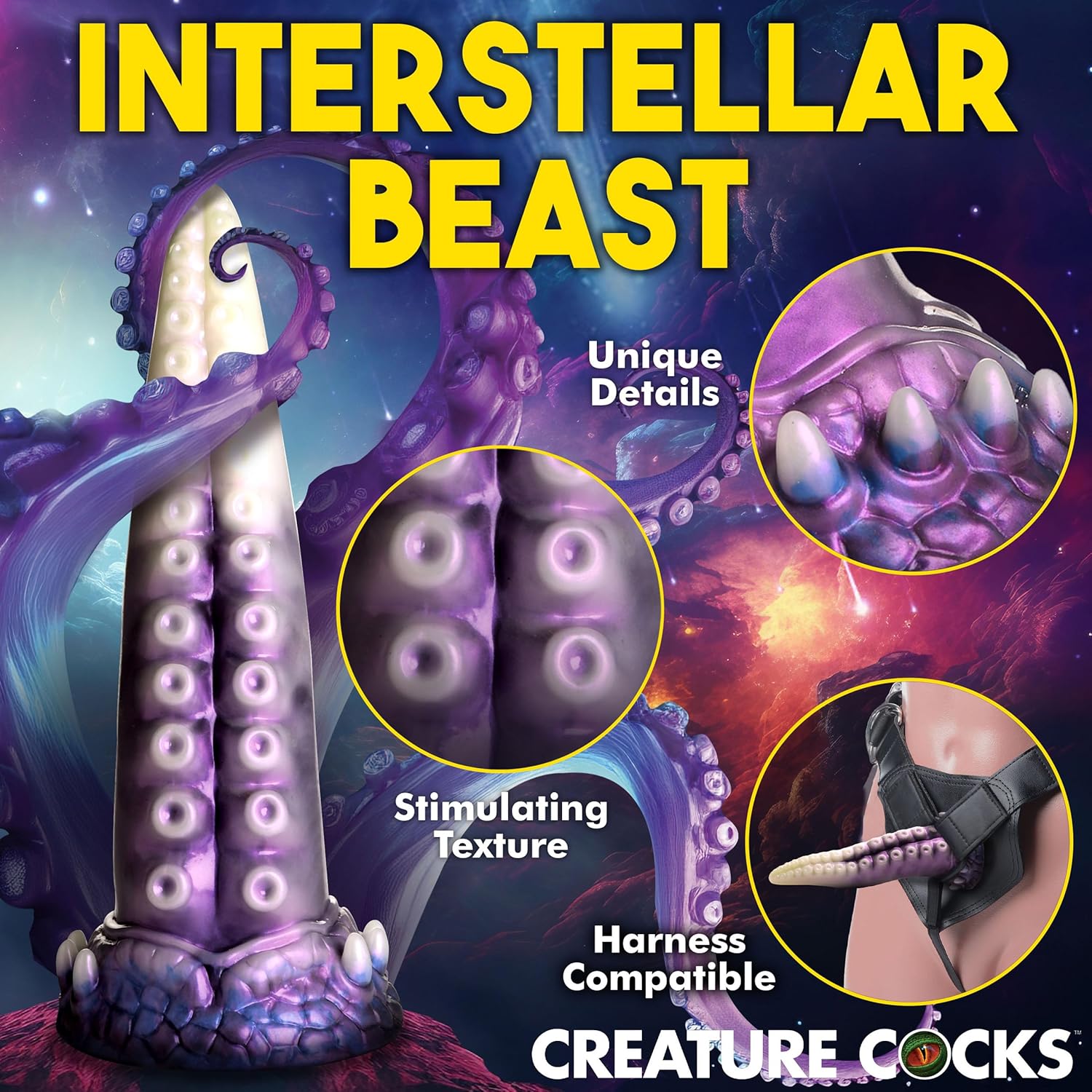 CREATURE COCKS Astropus Tentacle Silicone Dildo for Men, Women & Couples. Fantasy Dildo & Strong Suction Cup Base. Harness Compatible, Stimulating Textures. 1 Piece, White & Purple.