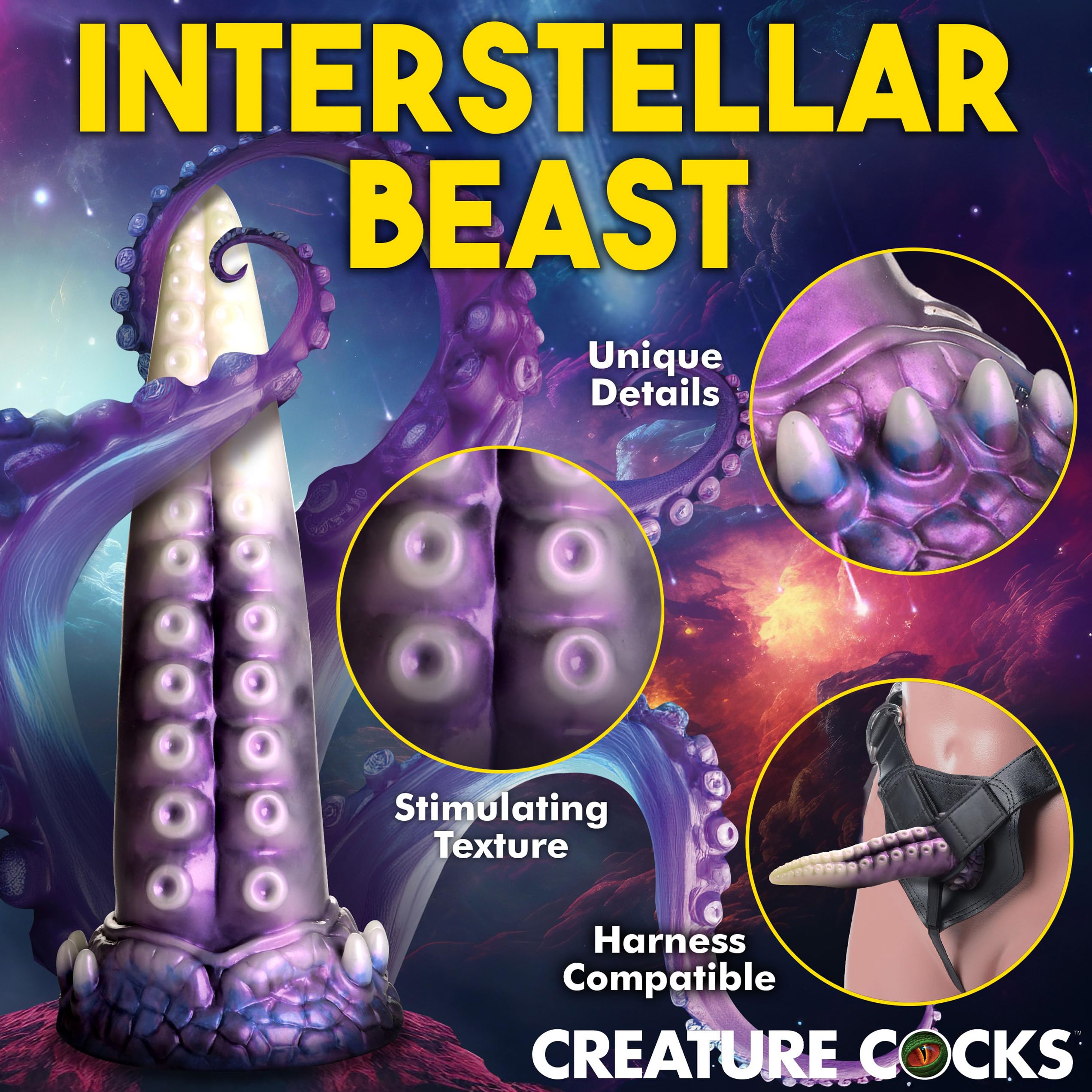 CREATURE COCKS Astropus Tentacle Silicone Dildo for Men, Women & Couples. Fantasy Dildo & Strong Suction Cup Base. Harness Compatible, Stimulating Textures. 1 Piece, White & Purple.