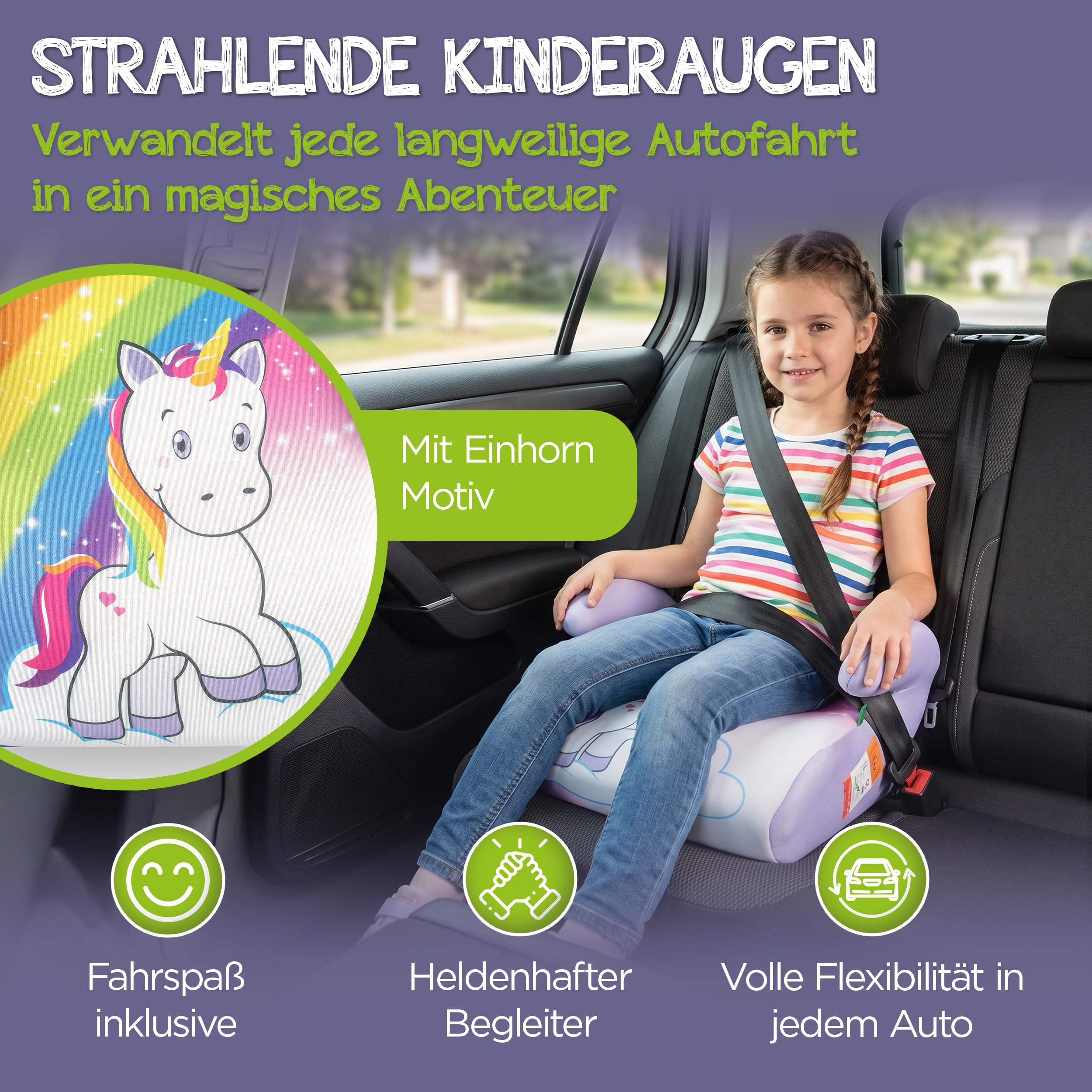 Kindersitzerhöhung Einhorn – Praktisch & komfortabel – Geprüfte Sicherheit – Niedliches Lieblingsmotiv für Mädchen