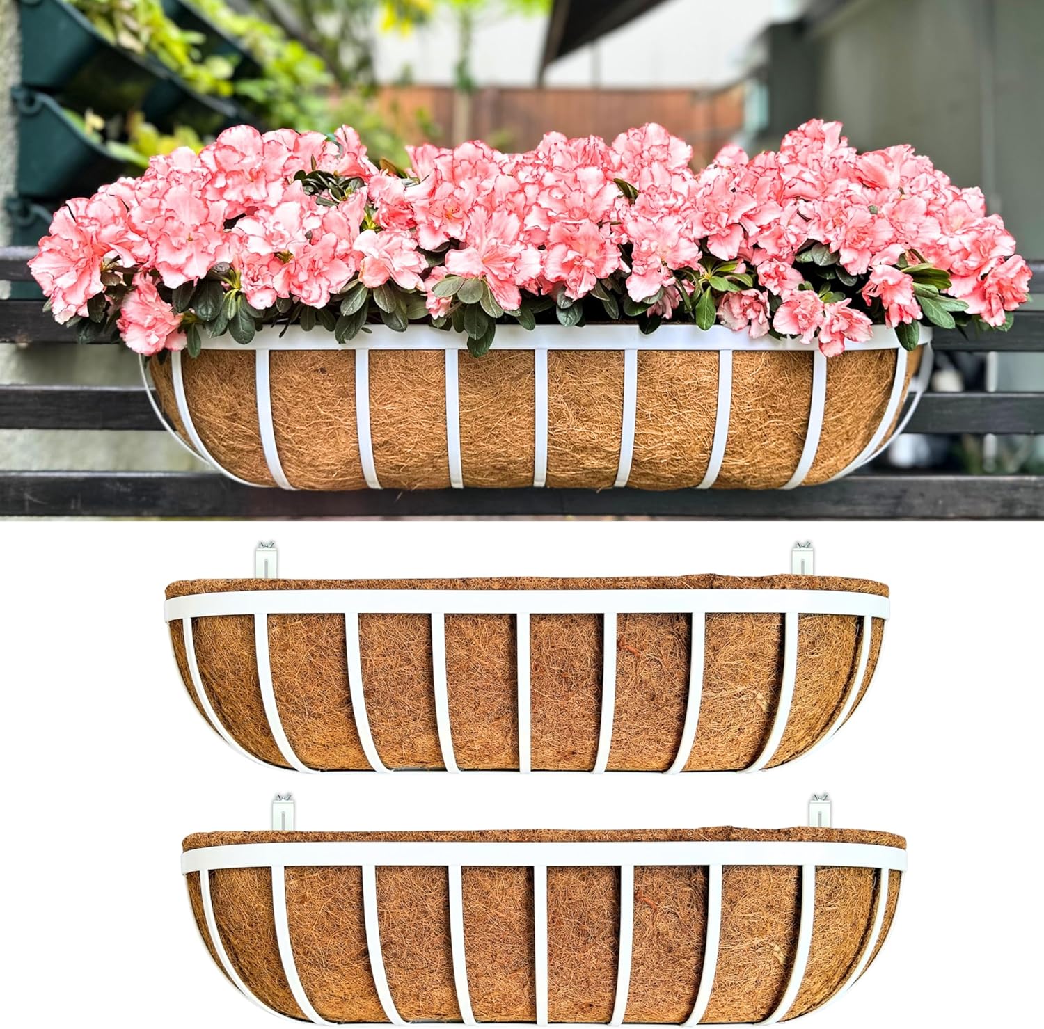 LaLaGreen Deck Railing Planter Boxes (2 Pack, 36") White Metal Extra Large Wall Hanging Planter with Coco Liner, Rectangular Window Flower Box for Outdoor Plants Deck Rail Fence Balcony Porch Patio