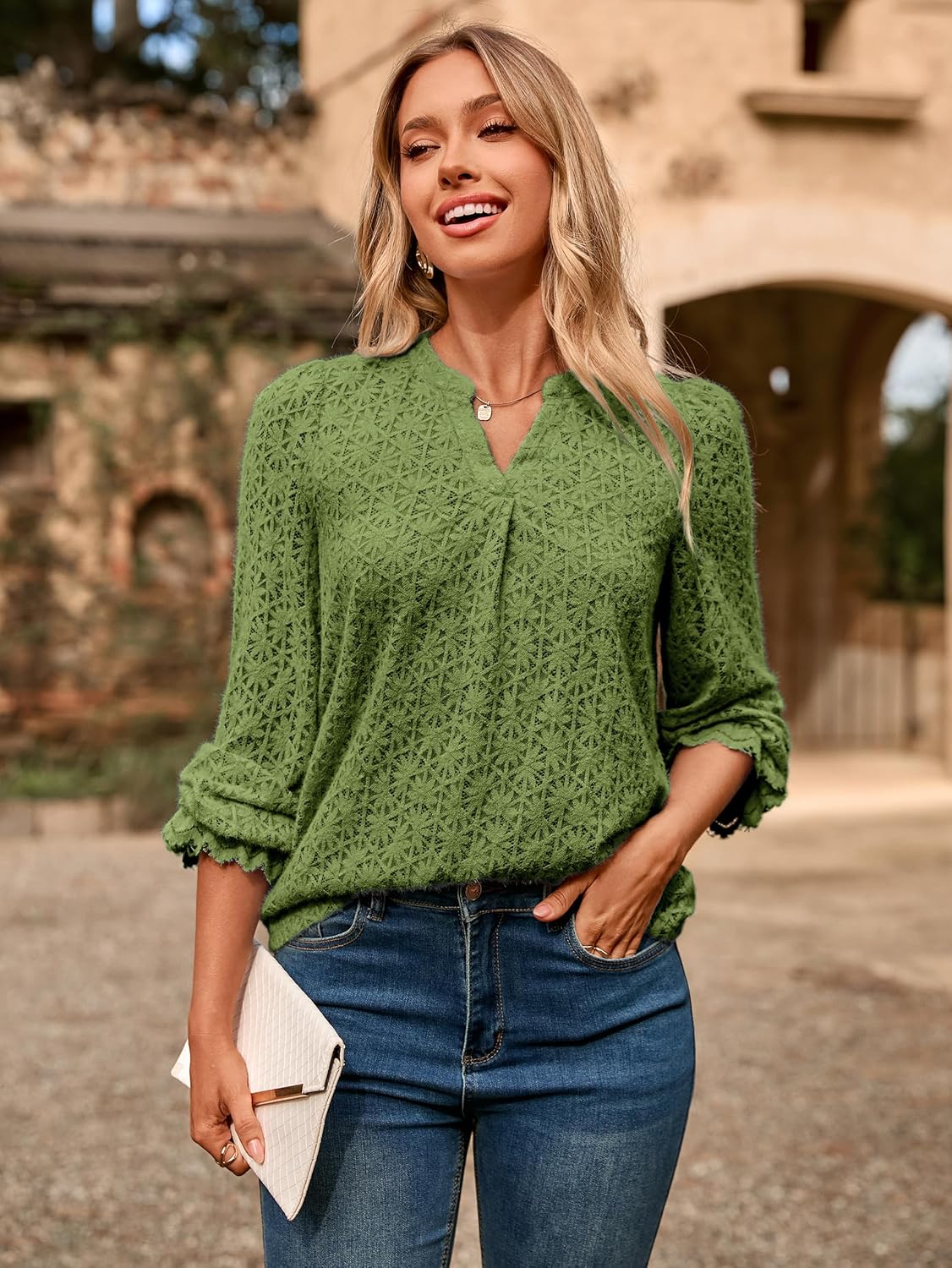 Simplee Womens Eyelet Dressy Blouses Tops Lace Casual Long Sleeve Hollow Out V Neck Fall Spring Boho Shirts - Image 5