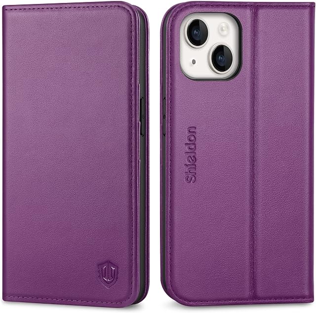 SHIELDON Case for iPhone 14 5G, Genuine Leather Wallet Case with [Card Slot][RFID Blocking][Shockproof TPU Shell][Kickstand] Magnetic Flip Protective Phone Case Compatible with iPhone 14 6.1", Purple