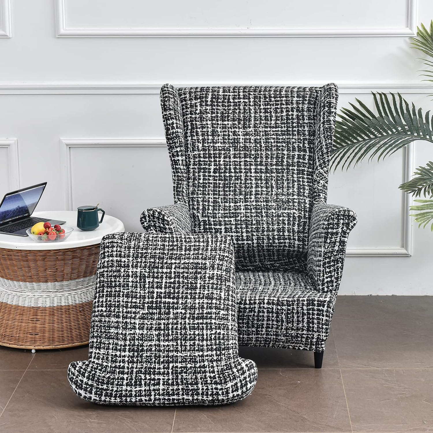 Wing Chair Slipcovers 2 Pieces Printed Wingback Chair Covers Armchair Covers Stretch Spandex Sofa Slipcover with Elastic Bottom for Living Room Bedroom Dining Room (Linen Textured)