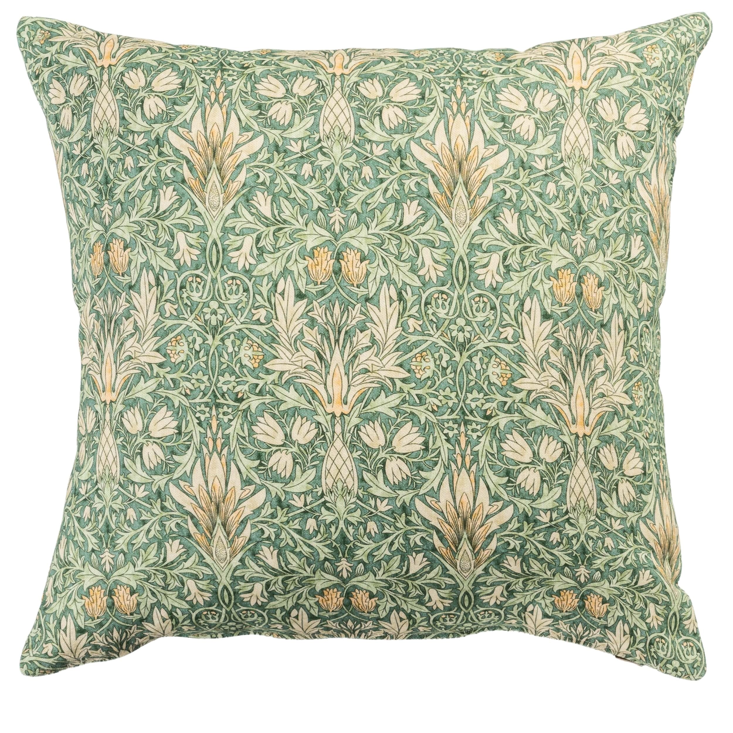 Linen Loft Green William Morris Snakeshead Cushion Cover In Traditional Floral Motif And Botanical Design. 17X17 Square Cover Only