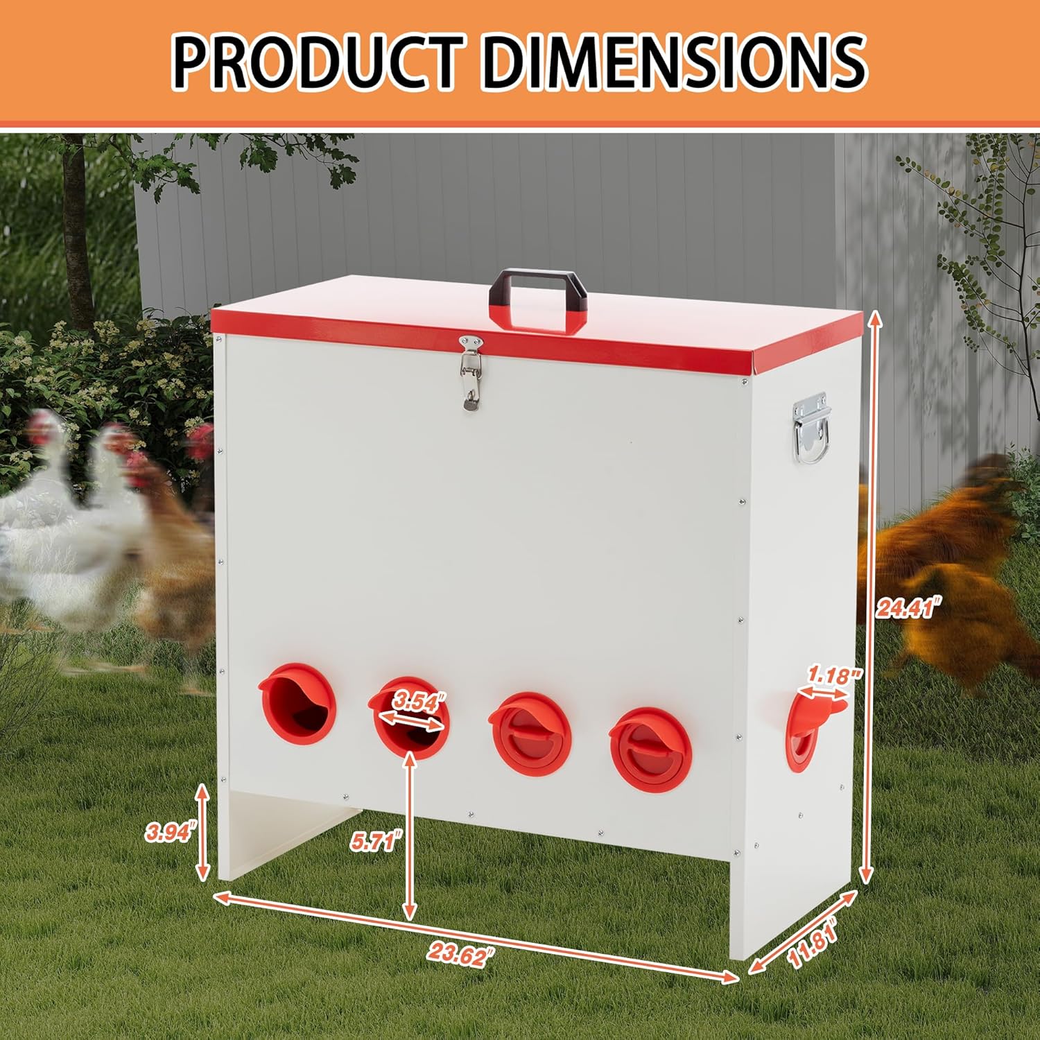 10-Port Extra-Large Chicken Feeder Box – No Waste Poultry Feed Bin Holds 125 lb with Locking Lid & Riveted Handles – Ground Feeder for Backyard Chickens, Ducks, Hens, Small Flocks