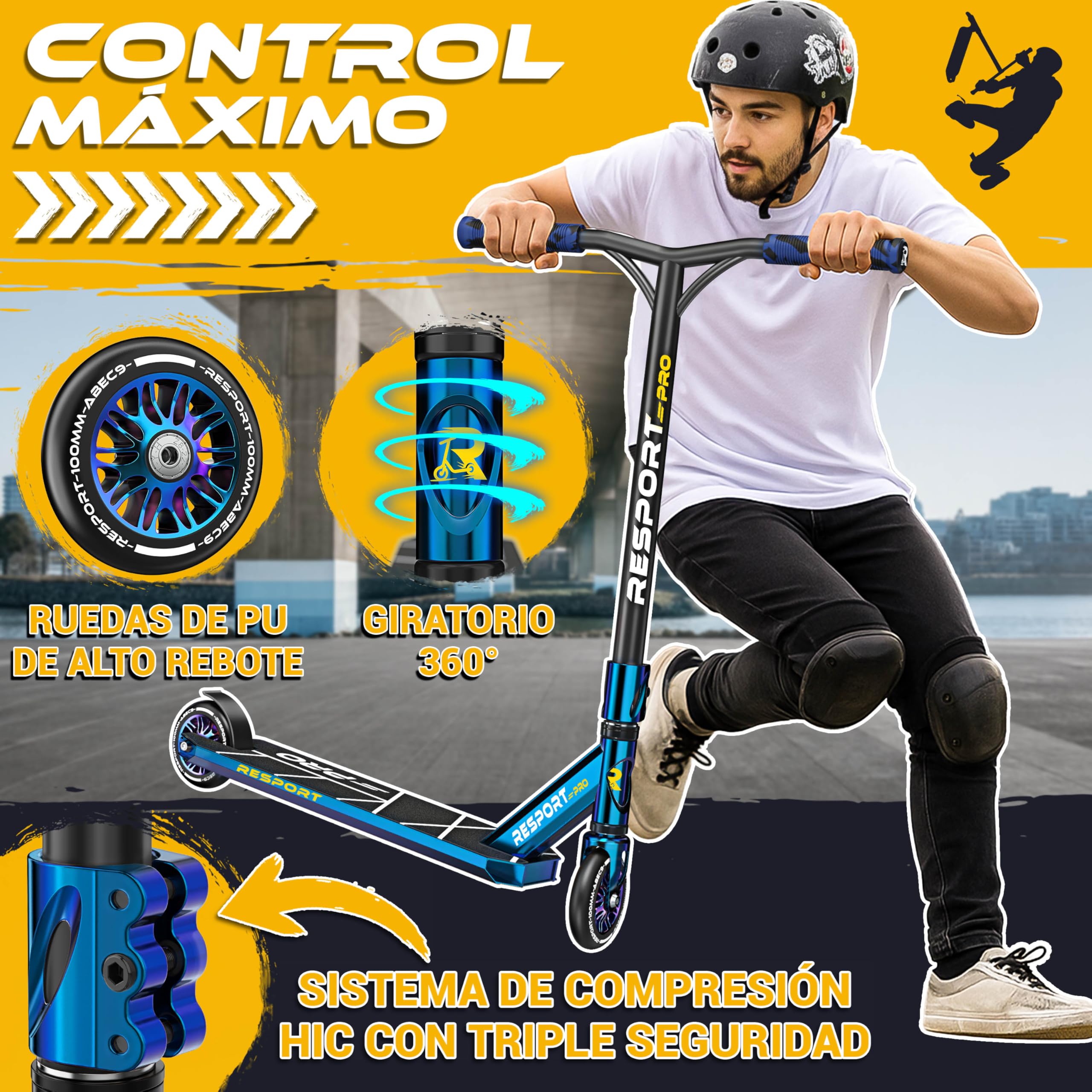 RE:SPORT Patinete de acrobacias Revo Pro para niños y adultos con soporte, patinete profesional de 110 mm, ruedas de poliuretano y barra en Y, patinete de acrobacias, patinete ABEC 9, rodamientos de — view 2