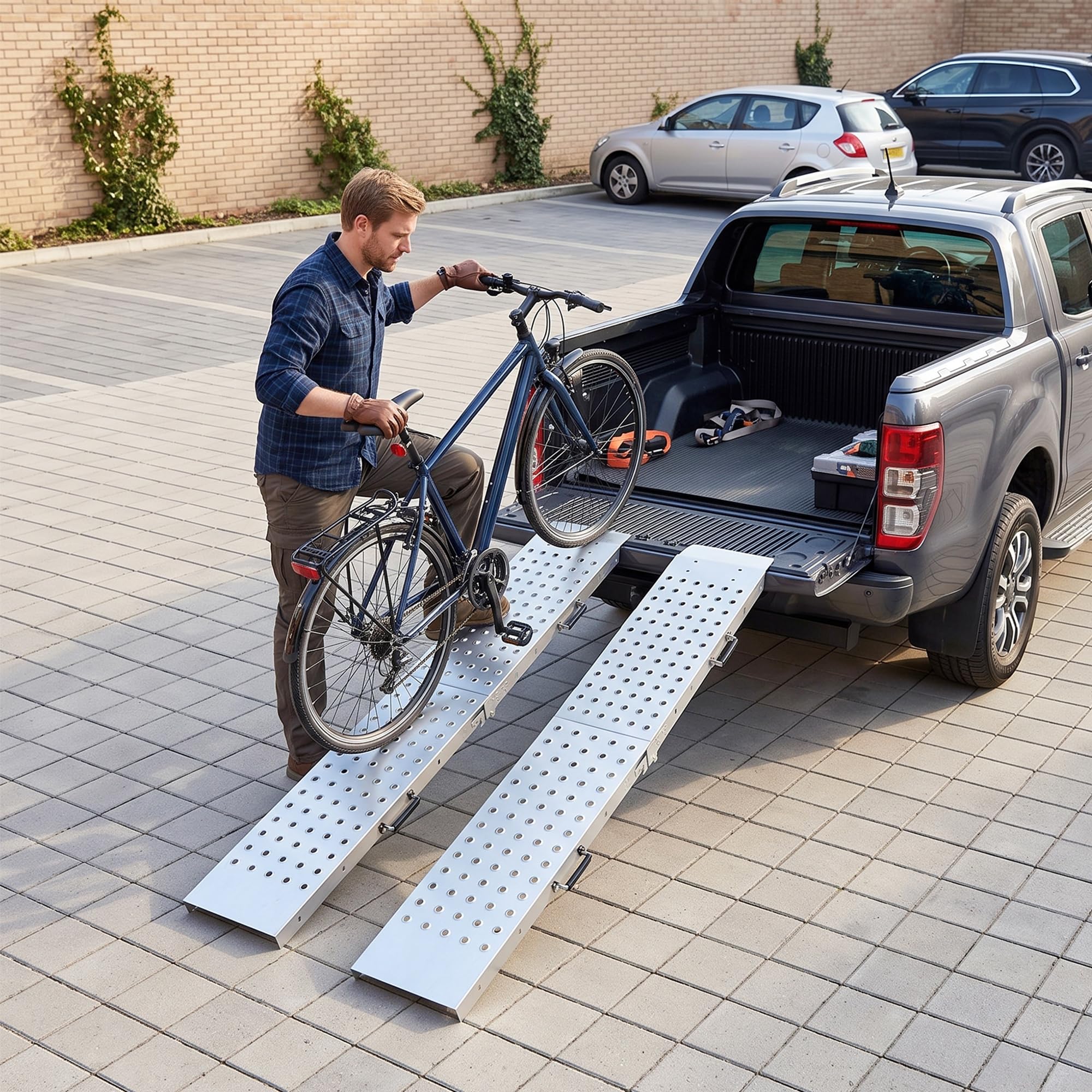 HOMCOM Set 2 Rampe di Carico, Rampe Pieghevoli in Metallo, Portata Totale 400 kg, 180 x 25.5 cm, con Maniglie e Fori Antiscivolo, per Moto, ATV, Rimorchio, Pick-up e Tosaerba, Argento