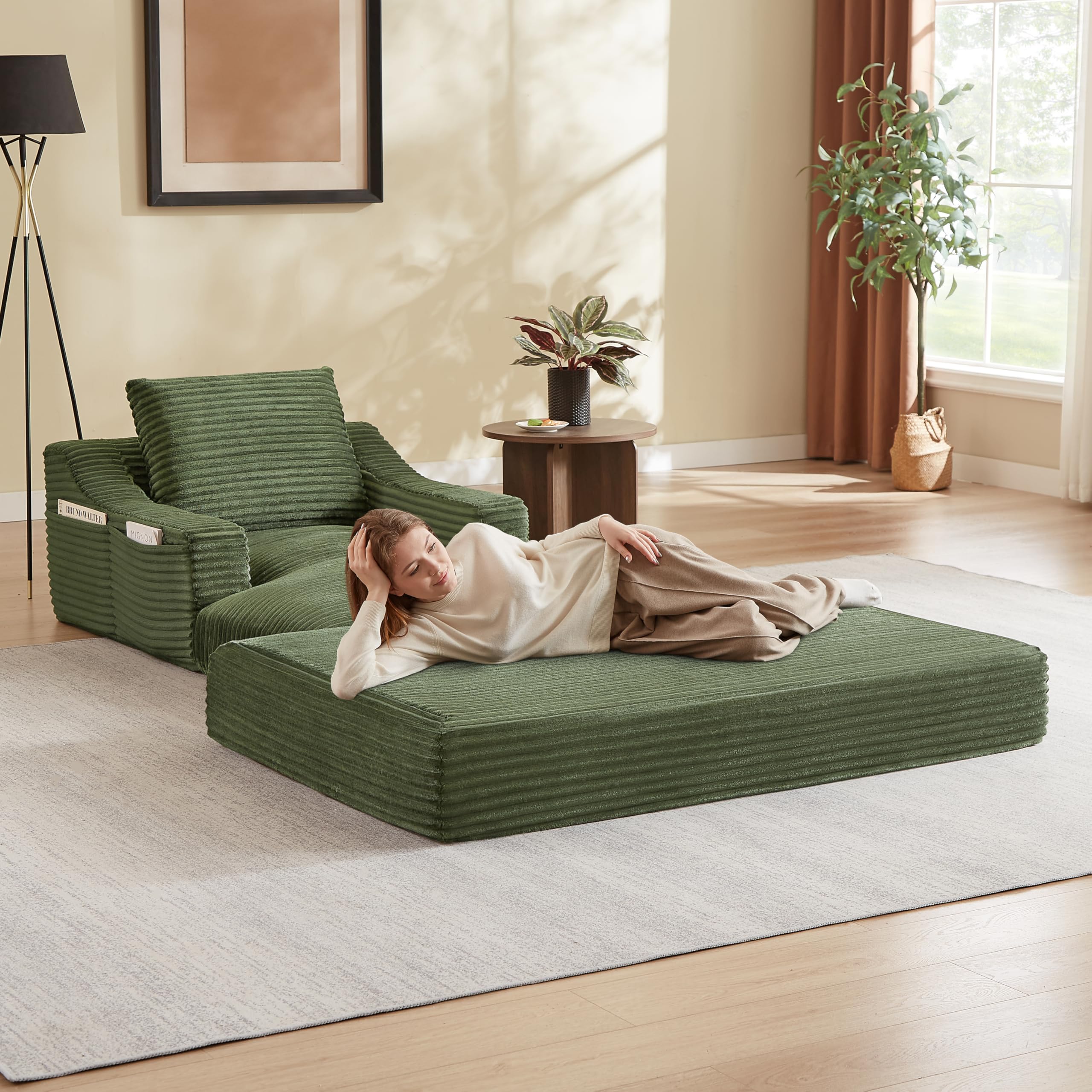 Sofá chaise longue de 160 cm, sofá de suelo sin boneless y sofá cama con función de dormir, sin montaje, diseño de doble capa, sofá reclinable suave para salón, oficina y apartamento (beige)