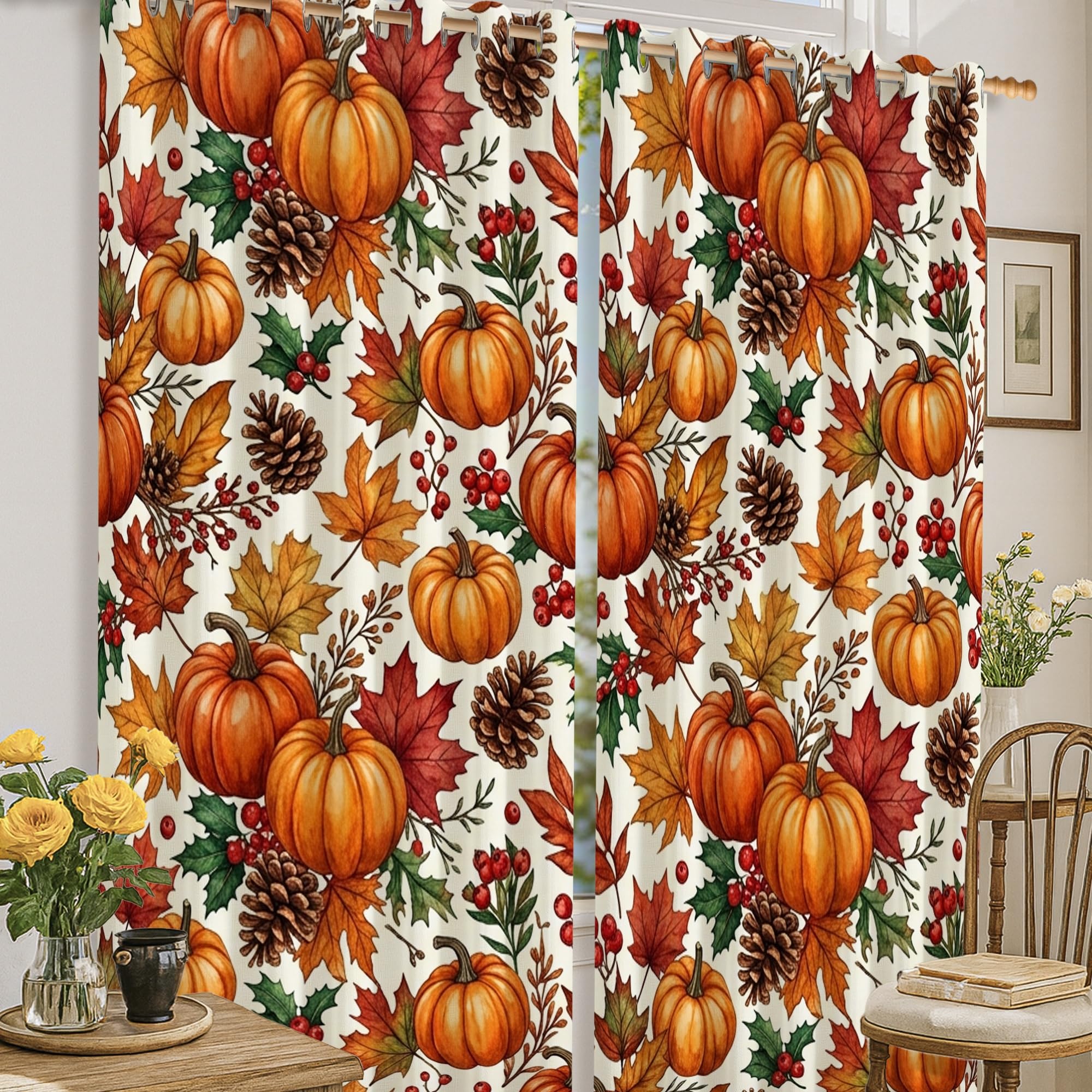 Rideaux occultants motif citrouille feuilles automne pour fenêtre 132x160