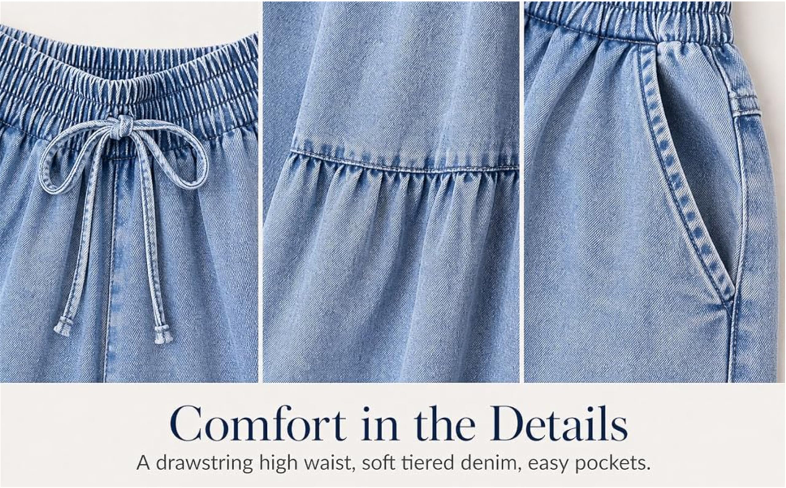 Pantalon Palazzo Femme Jambe Large Jean Flowy en Denim à Volants à Niveaux Taille Haute avec Cordon Poches