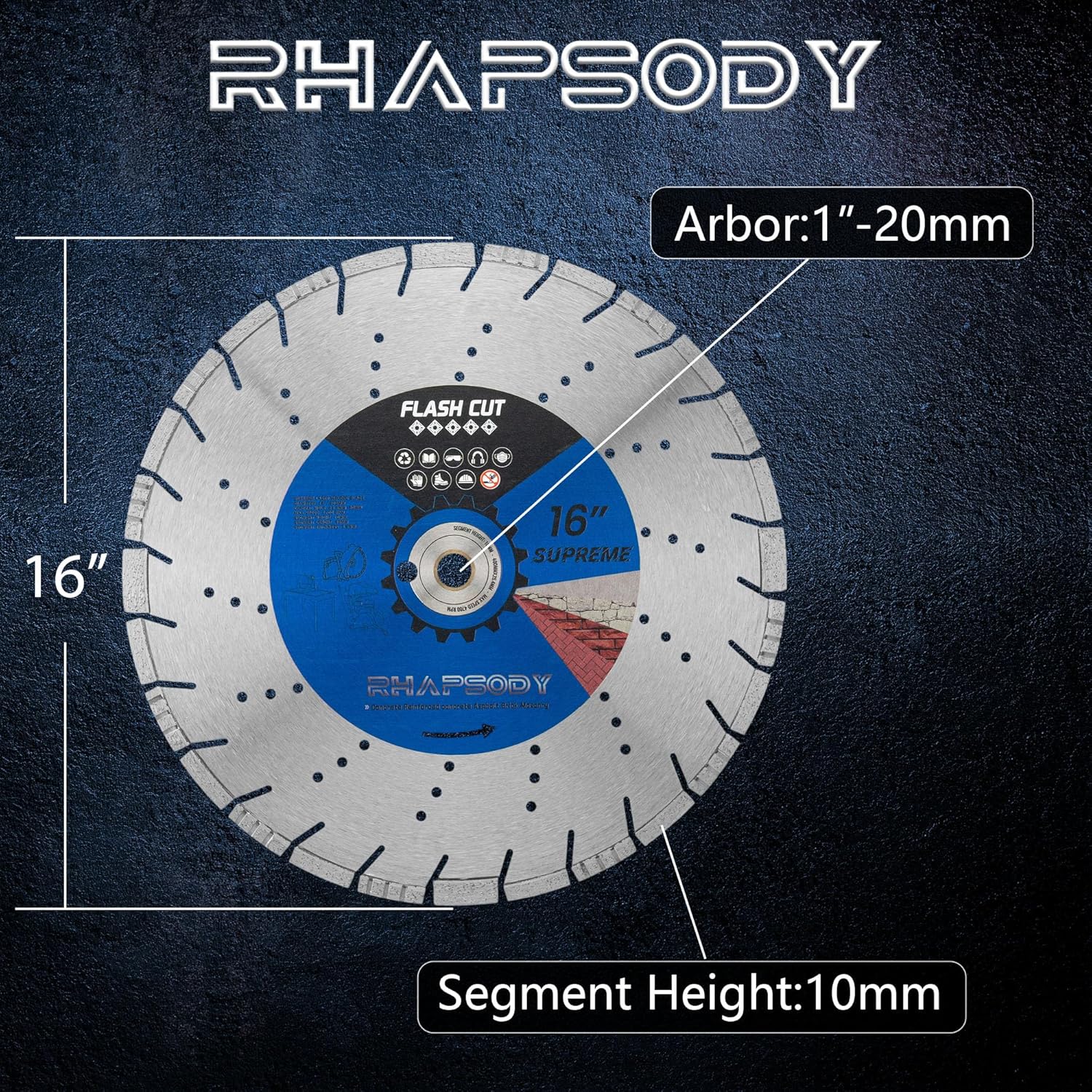 RHAPSODY 16 Inch Laser Welded Diamond Saw Blade, Segmented Supreme Diamond Blade All Purpose Dry/Wet Cutting Hard/Reinforced Concrete, Asphalt,Granite, Masonry, Brick, Block,1"-20mm Arbor