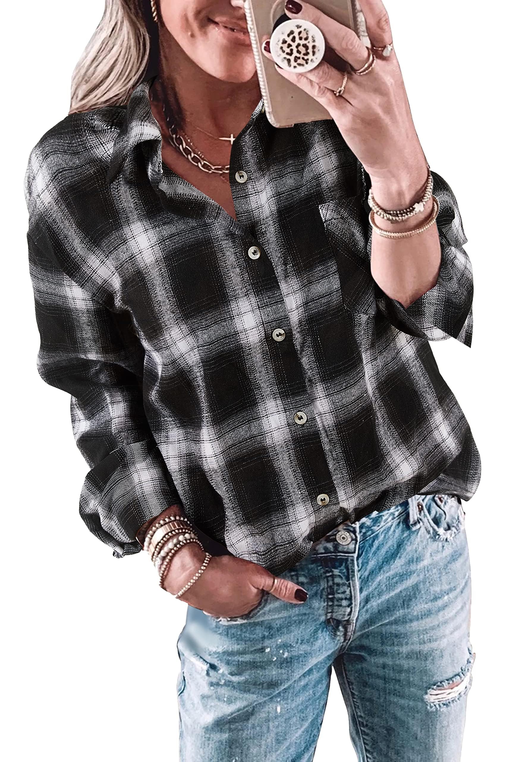 Imily Bela Bluse Damen Kariertes Longbluse Casual Langarmshirt Flanellhemd Karohemd Knöpfen Longsleeve Oberteile.