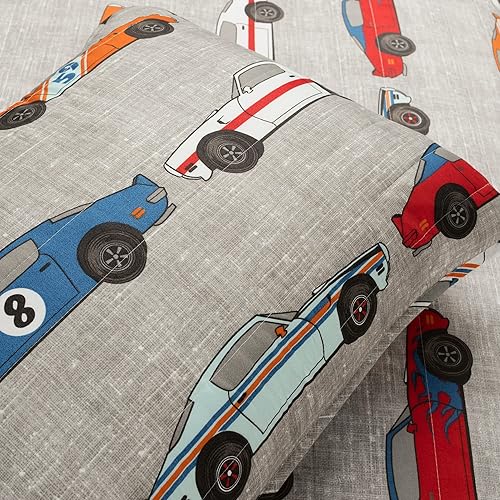 Miniatura 5 de Lush Decor Race Car - Juego de cama de edredón de gran tamaño de 7 piezas para niños, juego de ropa de cama reversible para niños, azul y naranja,