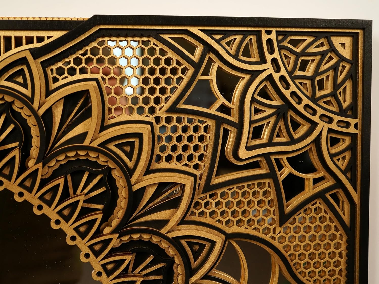 BHDecor Mirror Home Wall Decor – Multilayered Laser Cut Carved Frame Elegant Wooden Mandala Hanging MDF Panels - Rustic Handmade Contemporary Artwork 18.9 x 13.7in (48x35cm), Black/Gold