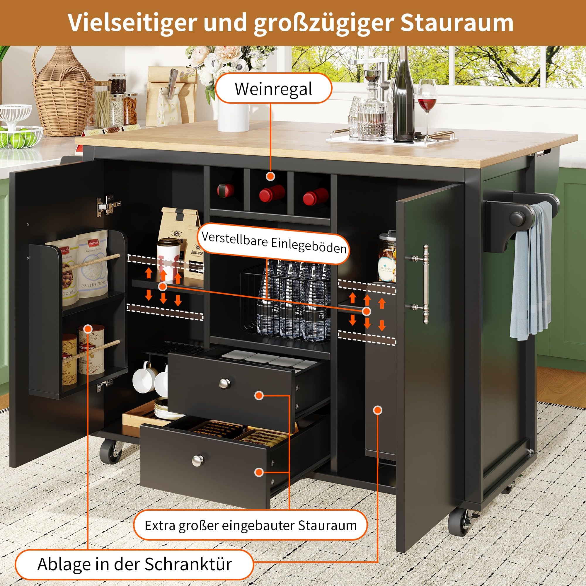 Elegante armadietto da cucina a buffet nero, 120 x 73 x 92 cm, versatile con piano di lavoro pieghevole, portabottiglie e organizer per spezie, ripiani regolabili e porta per un'efficienza ottimale