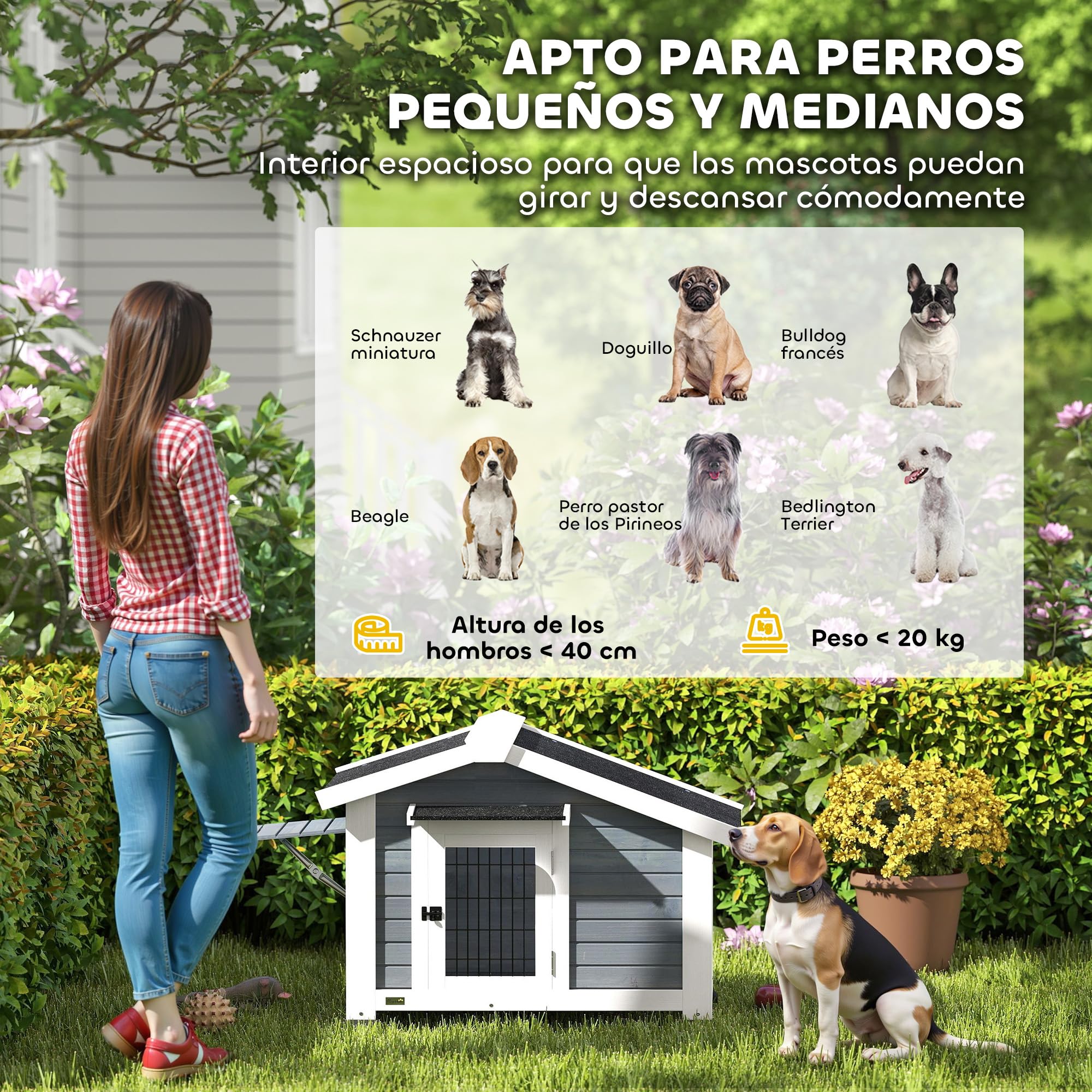 PawHut Caseta para Perros Exterior de Madera, Casa para Perros Medianos con Techo Asfático, Suelo Extraíble, Ventana Abatible y Puerta Ventilada, Base Elevada, 98x76x69,5 cm, Gris