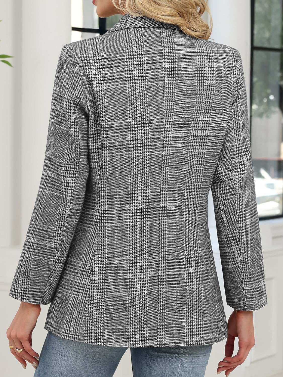 ELLEVEN Women's Shawl Collar Plaid Boyfriend Blazer，Business Casual Open Front Houndstooth Work Office Suit Jackets - Image 2